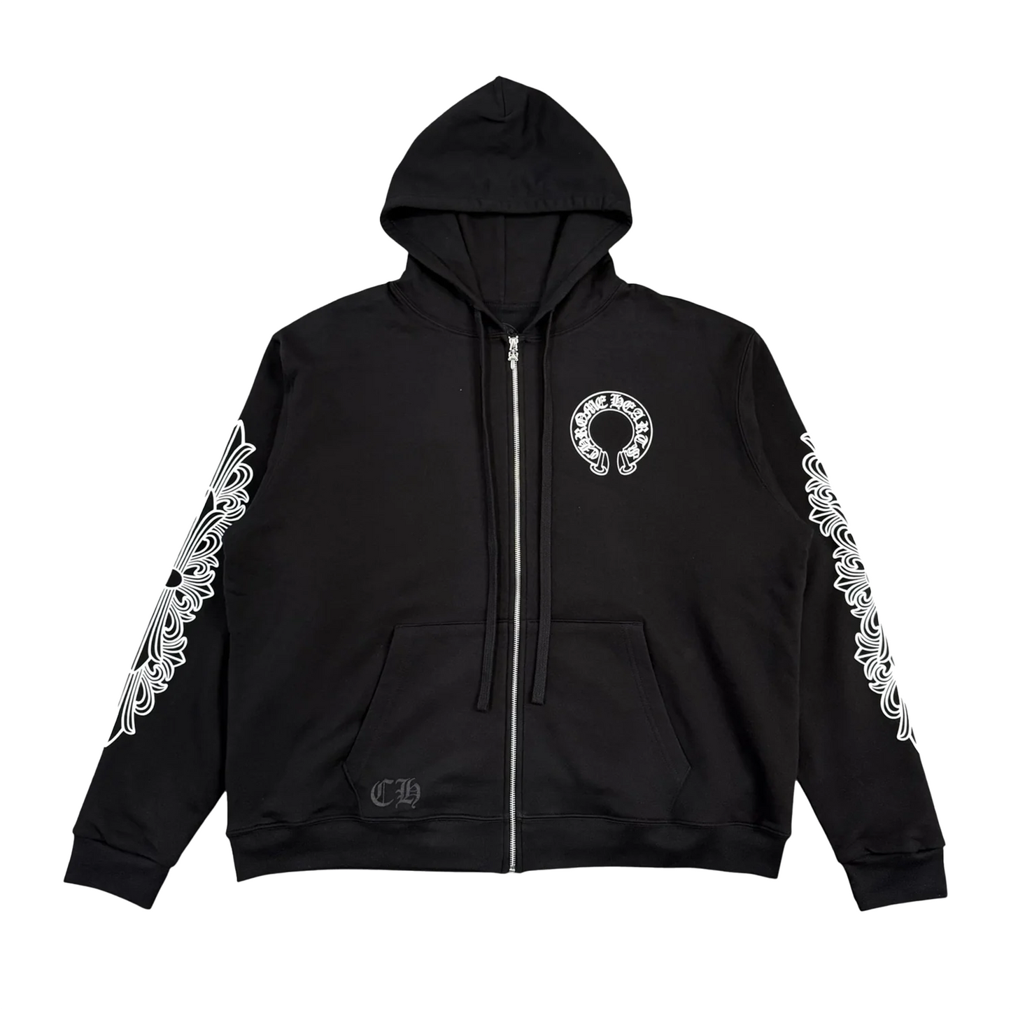 Chrome Hearts Horseshoe Floral Logo Zip Up Thermal Lined Hooded Sweatshirt Black White