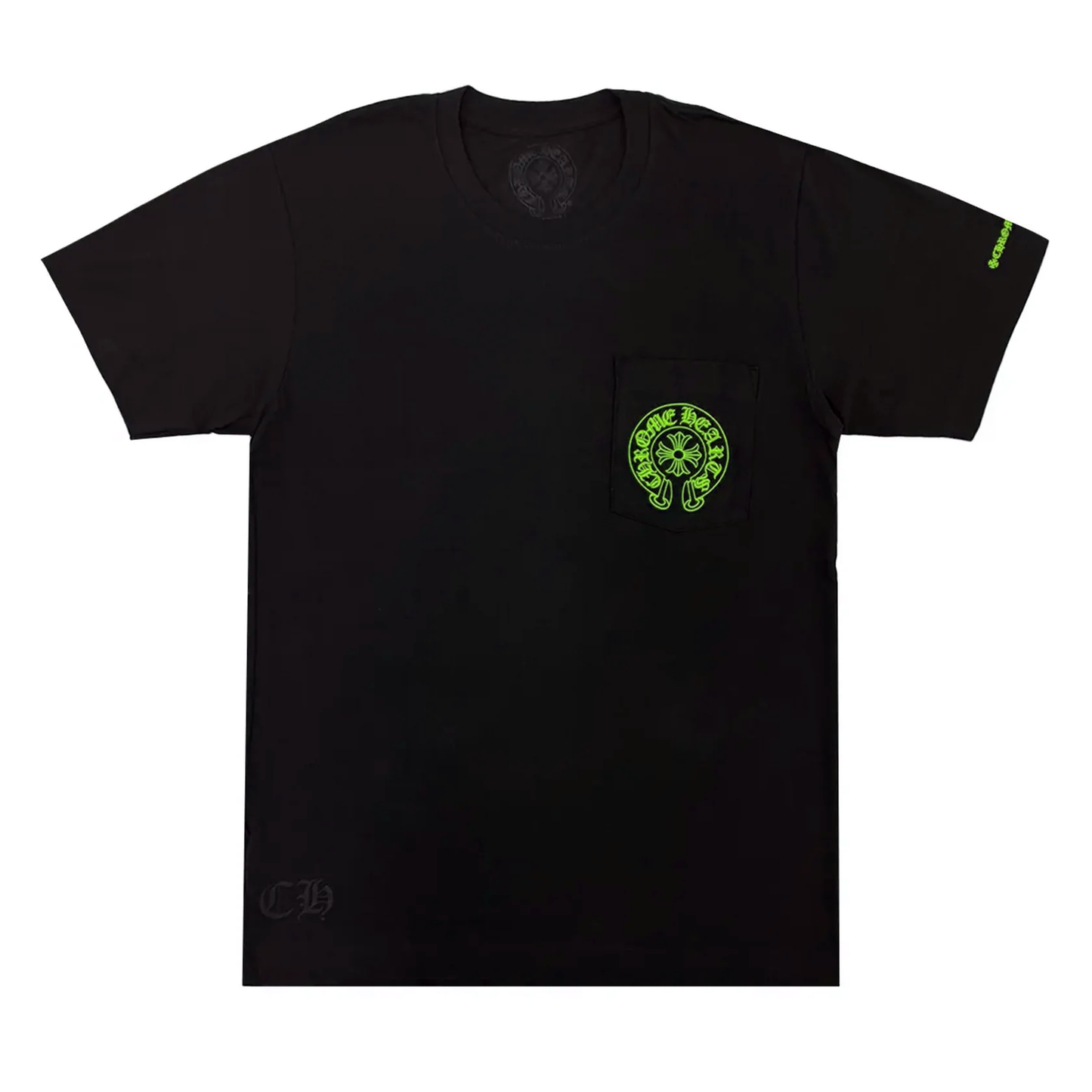 Chrome Hearts Neon Green Horseshoe Logo Pocket Short Sleeve Tee Black