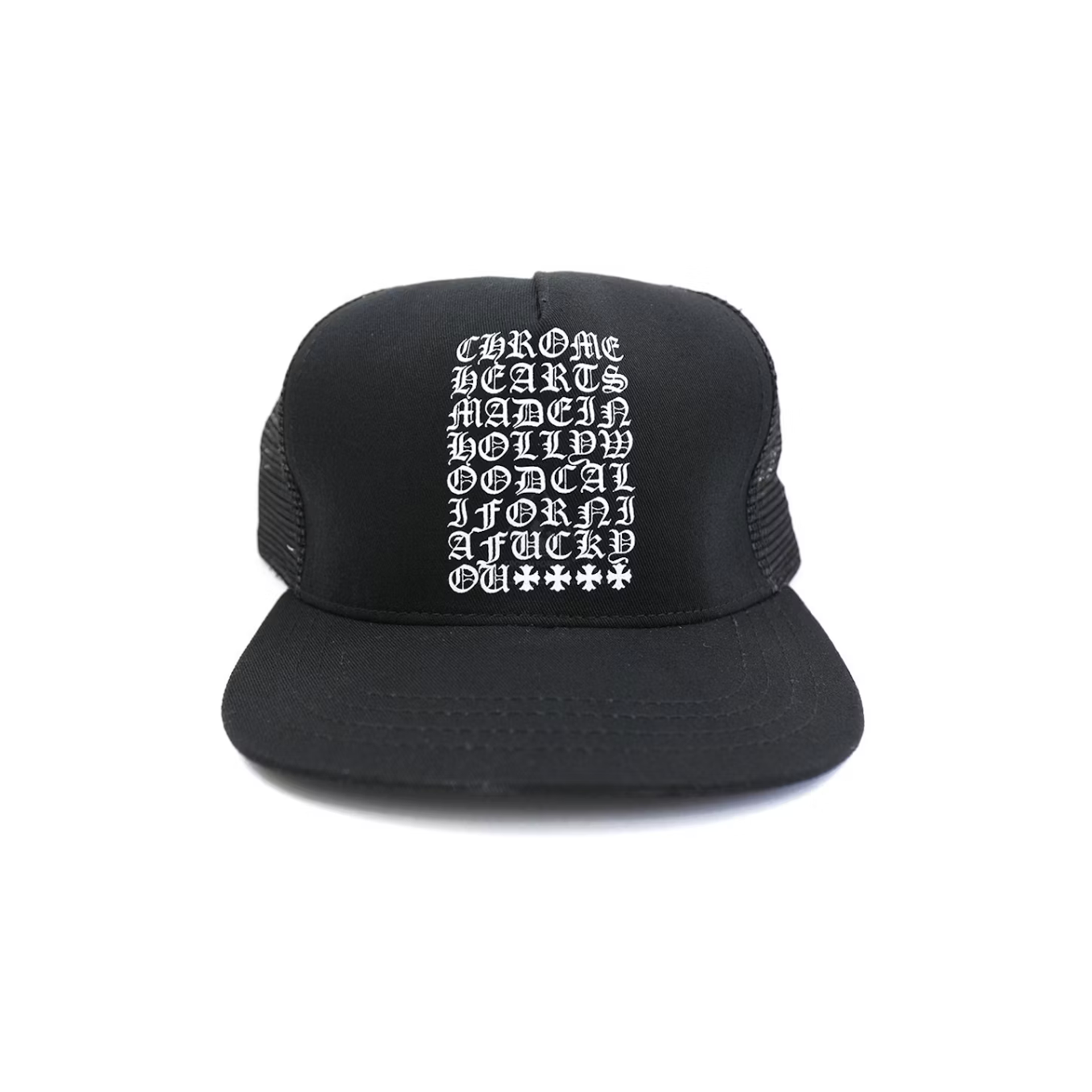 Chrome Hearts Eye Chart Made in Hollywood Trucker Hat Black Chrome Hearts Eye Chart Made in Hollywood Trucker Hat Black
