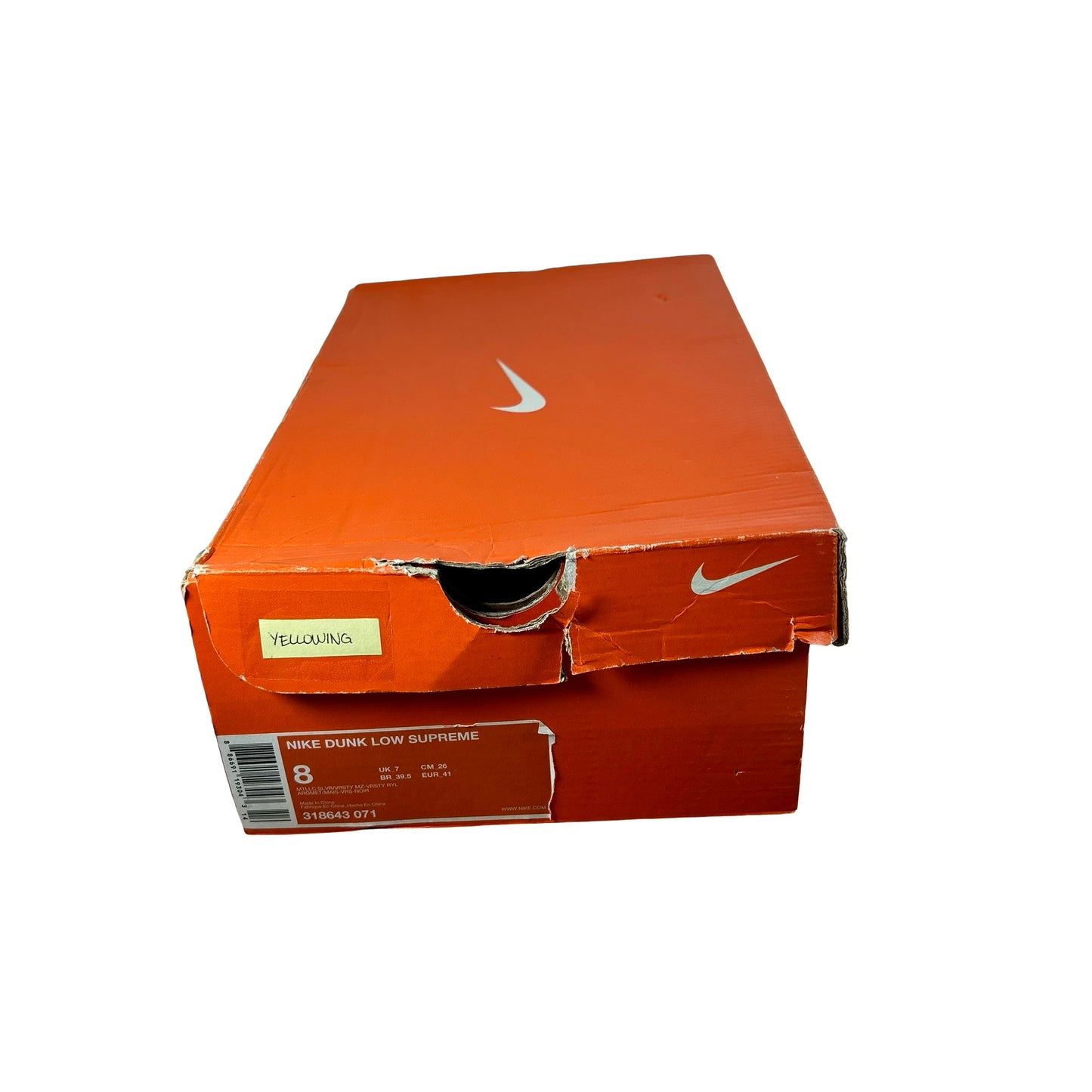 318643 071 Nike Dunk Low Supreme 2008 - 8 M (Yellowing)