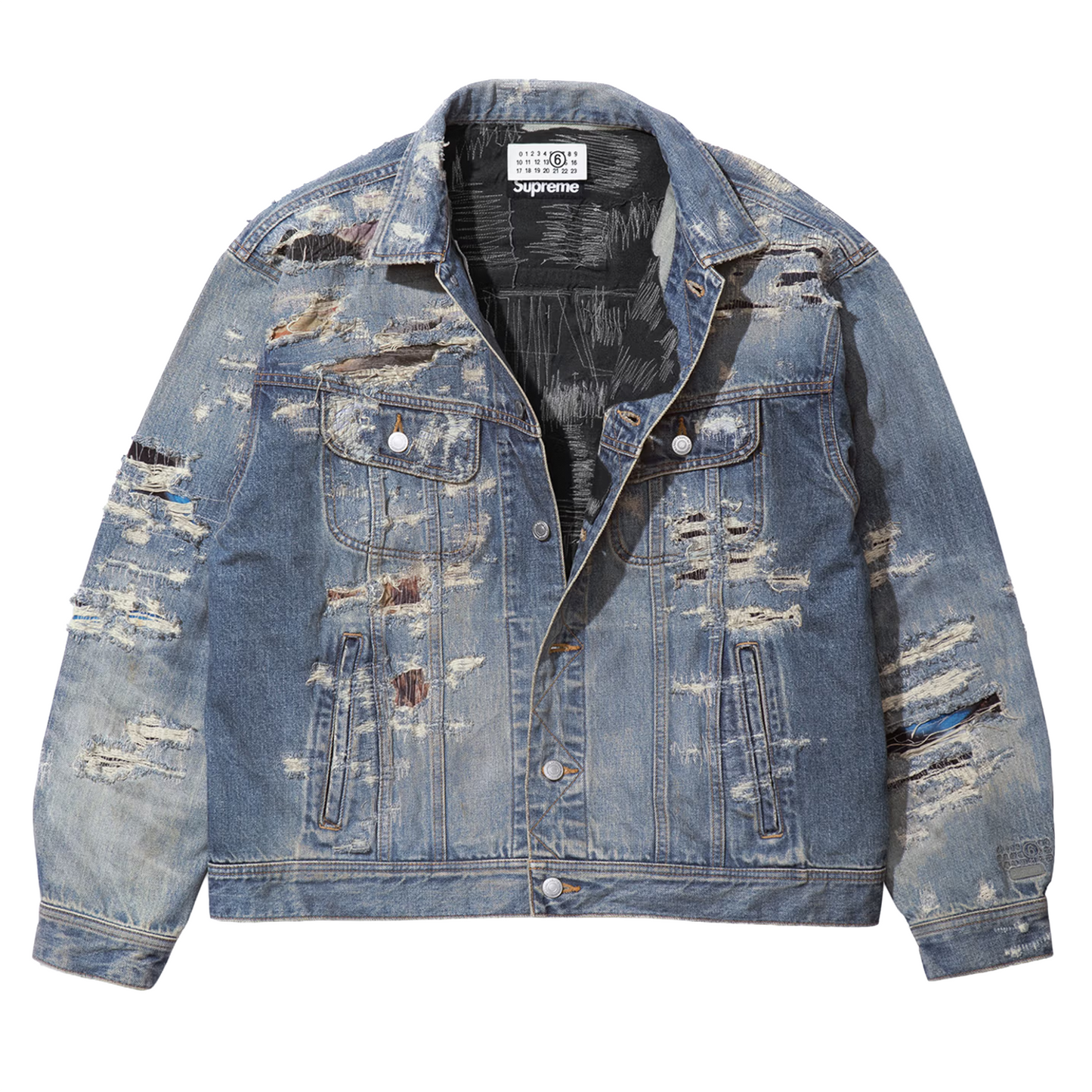 Supreme MM6 Maison Margiela Distressed Selvedge Denim Trucker Jacket Blue