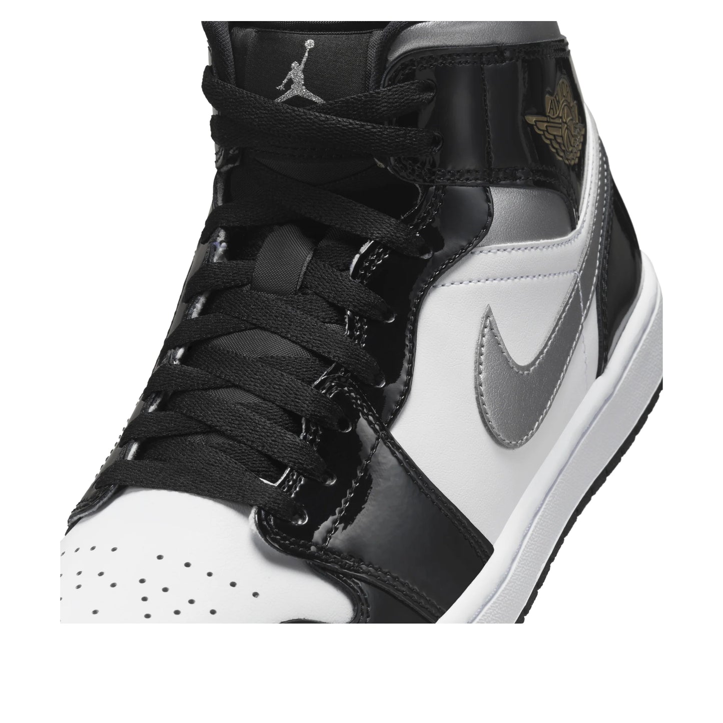 HV0789 010 Air Jordan 1 Mid SE Patent Black White Metallic Silver Metallic Gold