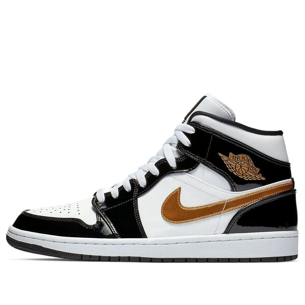 852542 007 Air Jordan 1 Mid Patent Black White Gold