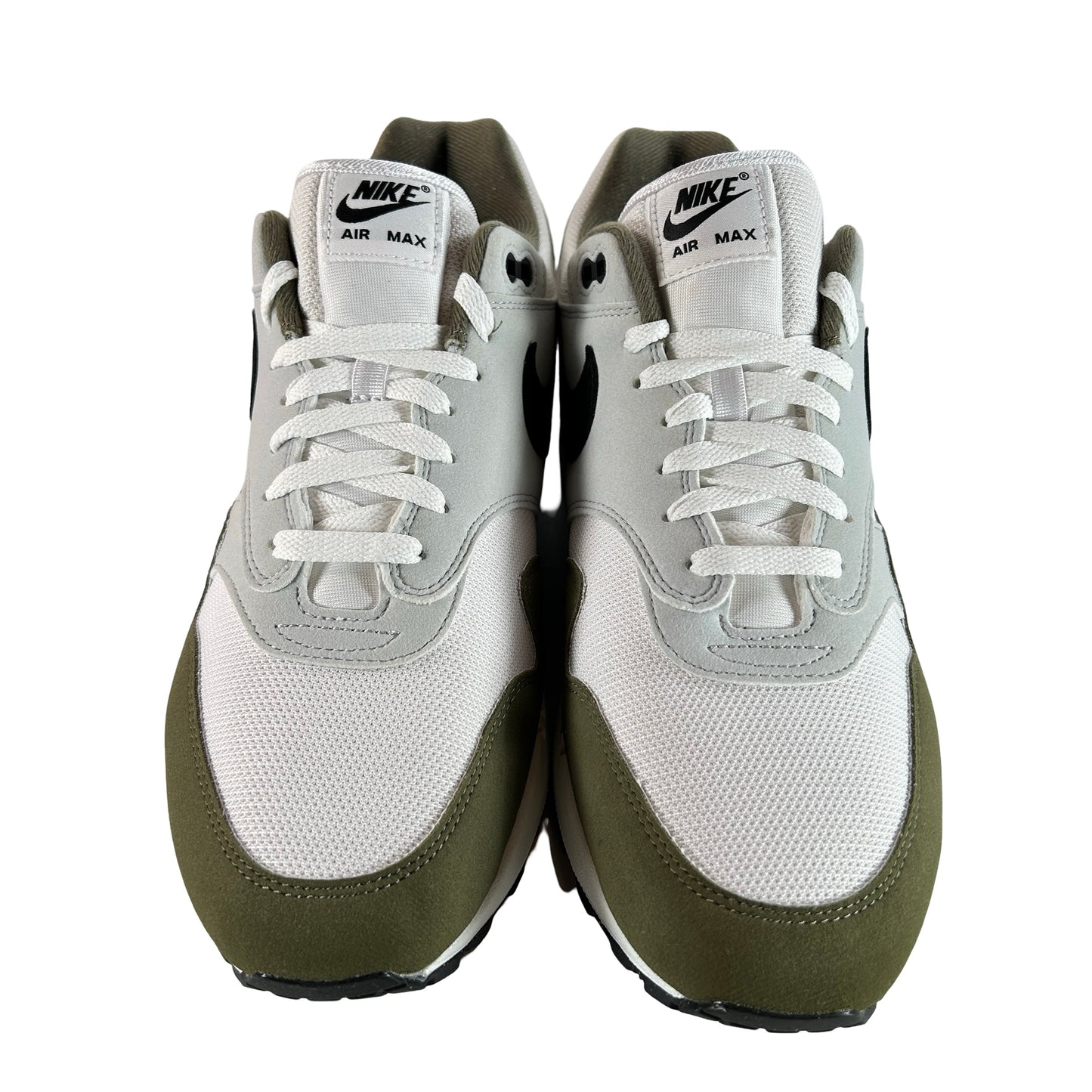 FD9082 102 Nike Air Max 1 White Black Medium Olive [USED] - 13 M (Used)