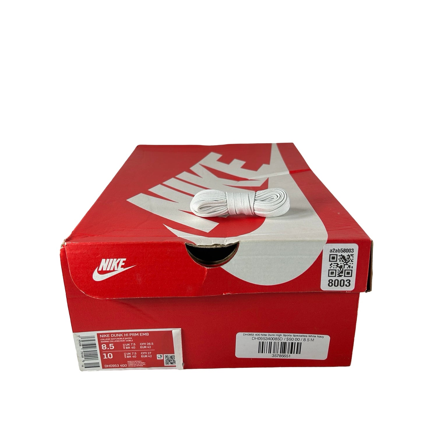DH0953 400 Nike Dunk High Sports Specialties White Navy [USED] - 8.5 M (Used)