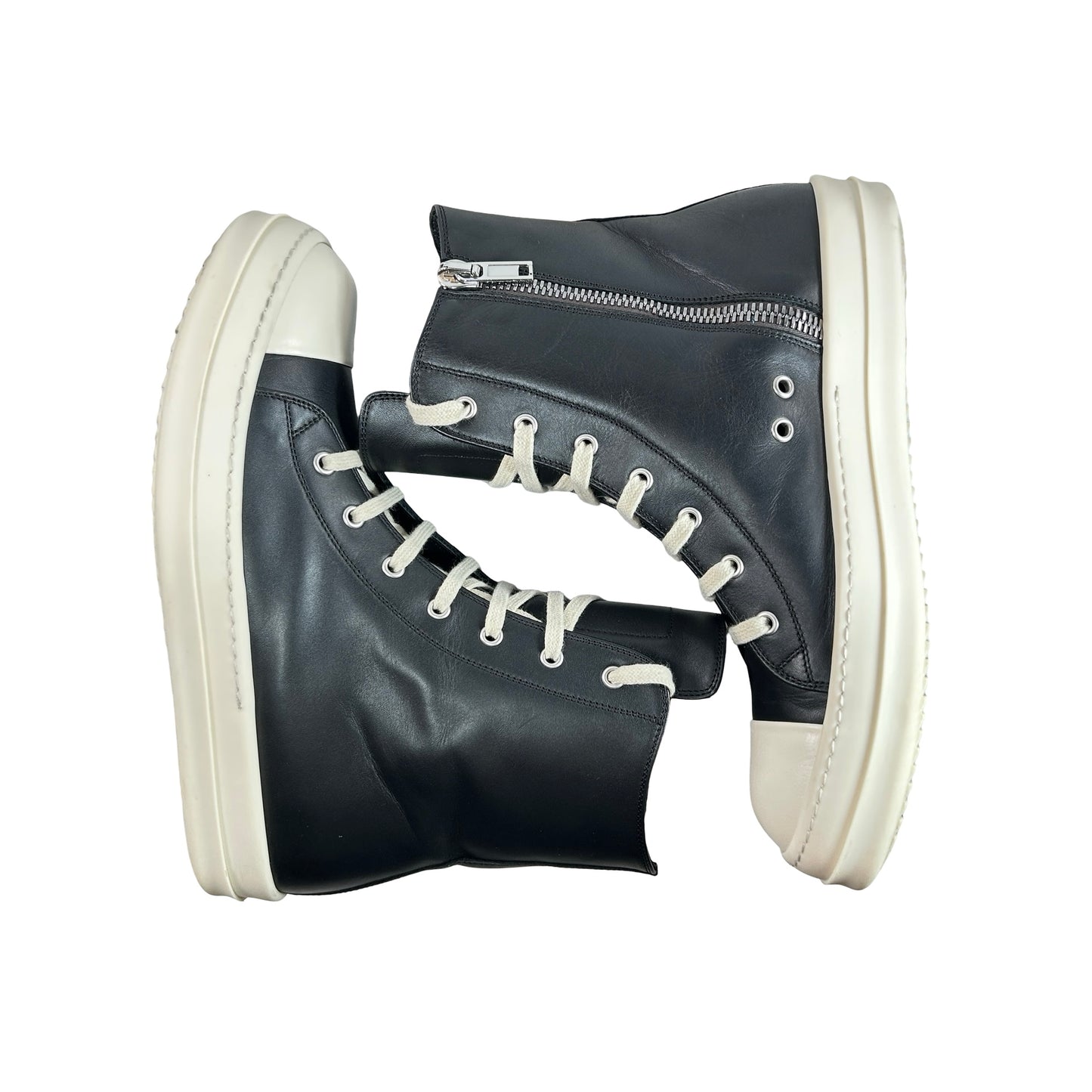 RU01B1890 Rick Owens Ramones Leather High Top Black Cream - 42 EU (Used) (No Box)
