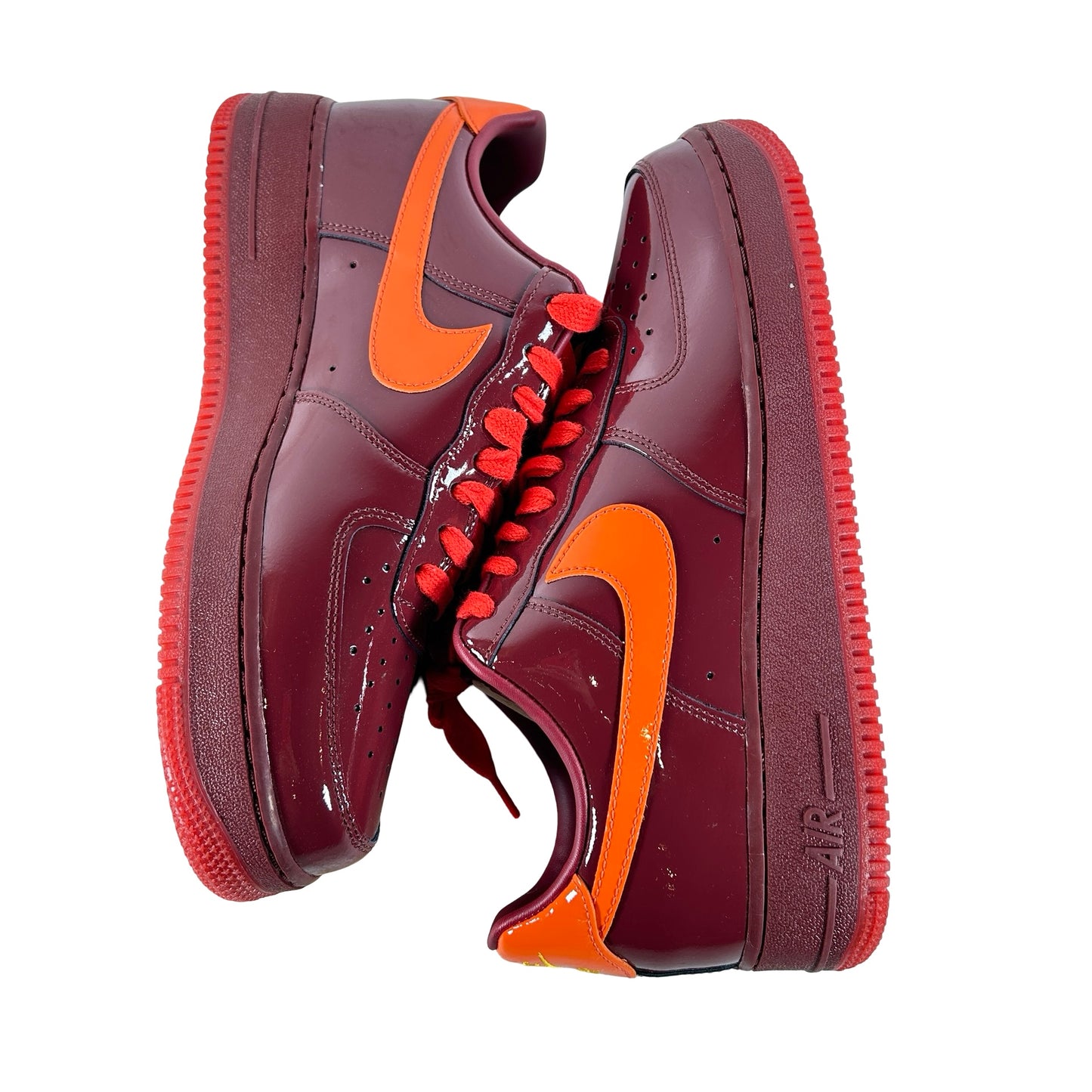 IO4489 601 Nike Air Force 1 Low Patent Leather Dark Team Red Safety Orange - 9.5 M (Small Scuff On Inner Right Heel)