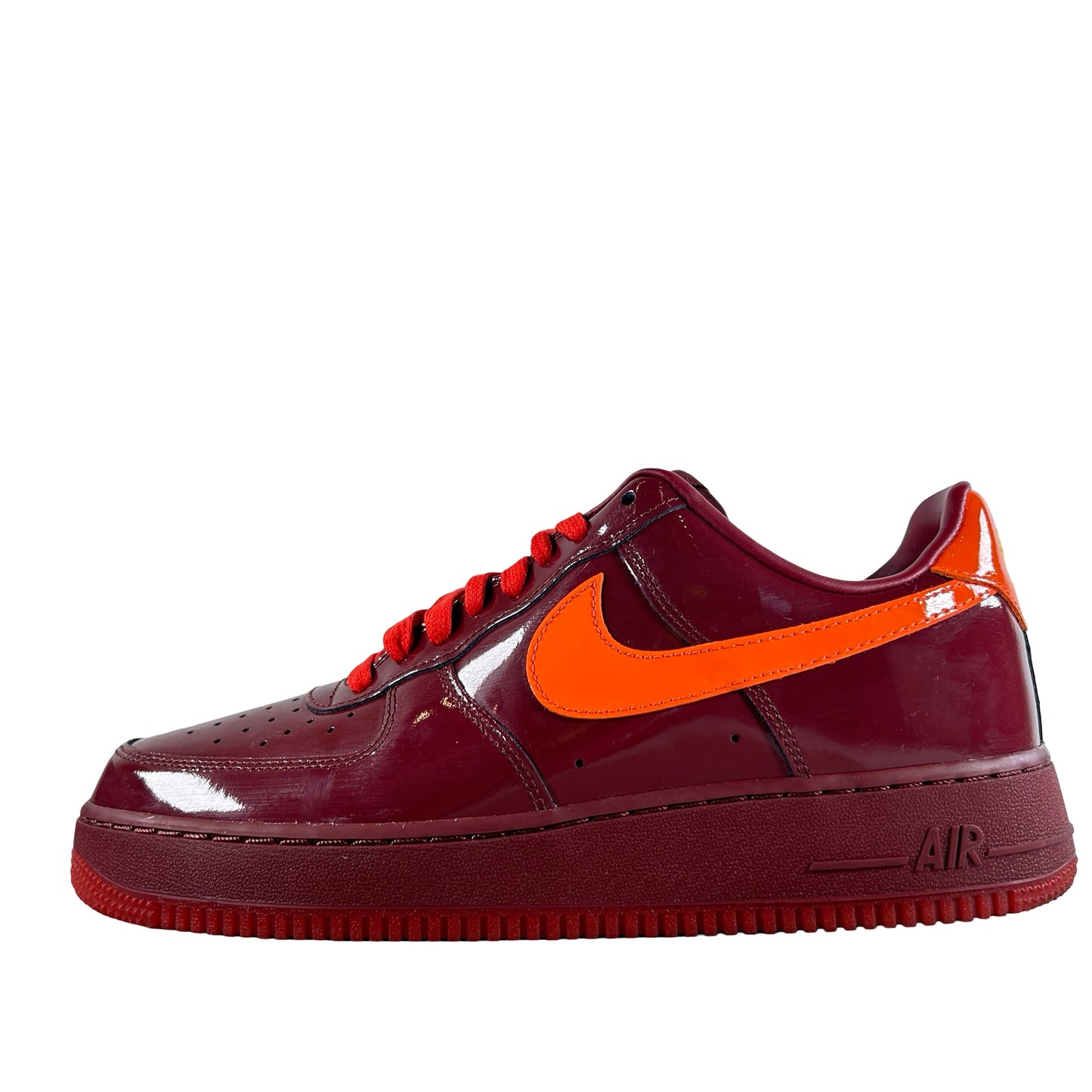 IO4489 601 Nike Air Force 1 Low Patent Leather Dark Team Red Safety Orange [USED] - 9.5 M (Used)