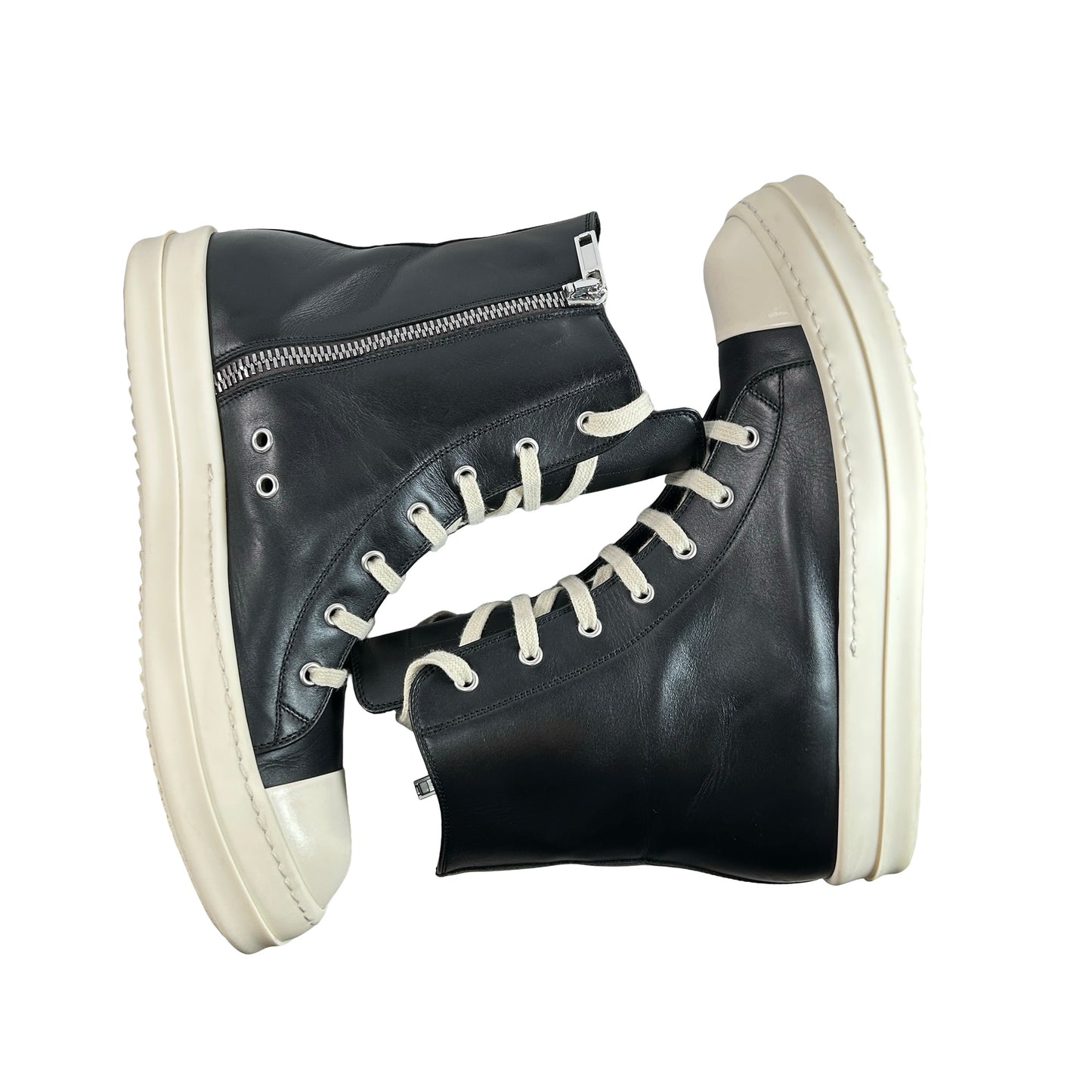 RU01B1890 Rick Owens Ramones Leather High Top Black Cream - 42 EU (Used) (No Box)