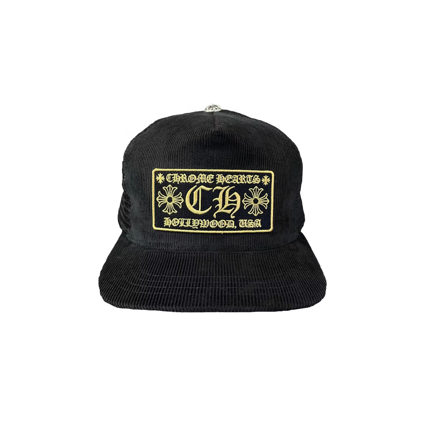 Chrome Hearts CH Hollywood Corduroy Trucker Hat Black/Gold [USED]