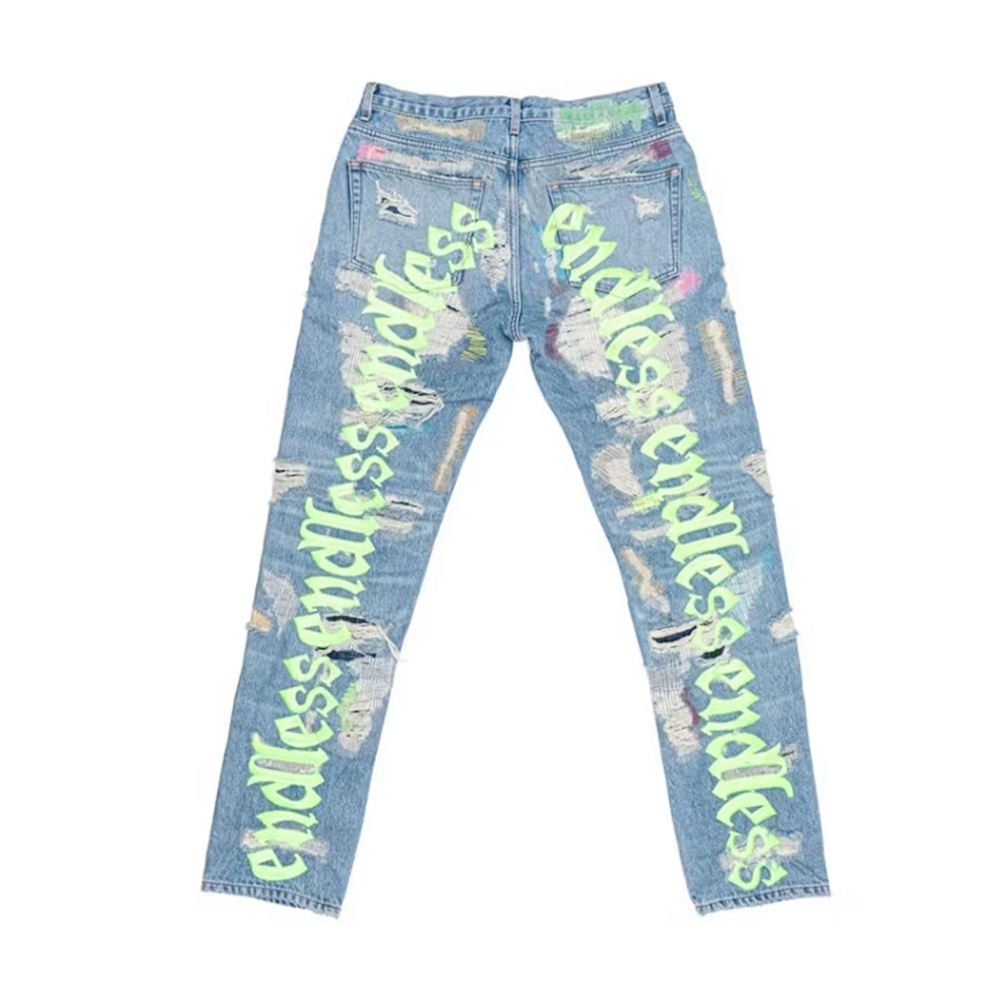 Vlone x Endless Embroidered and Distressed Denim Jeans Neon Green [USED] - 32 (Used)