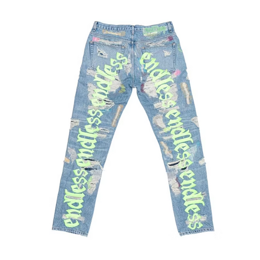 Vlone x Endless Embroidered and Distressed Denim Jeans Neon Green [USED] - 32 (Used)