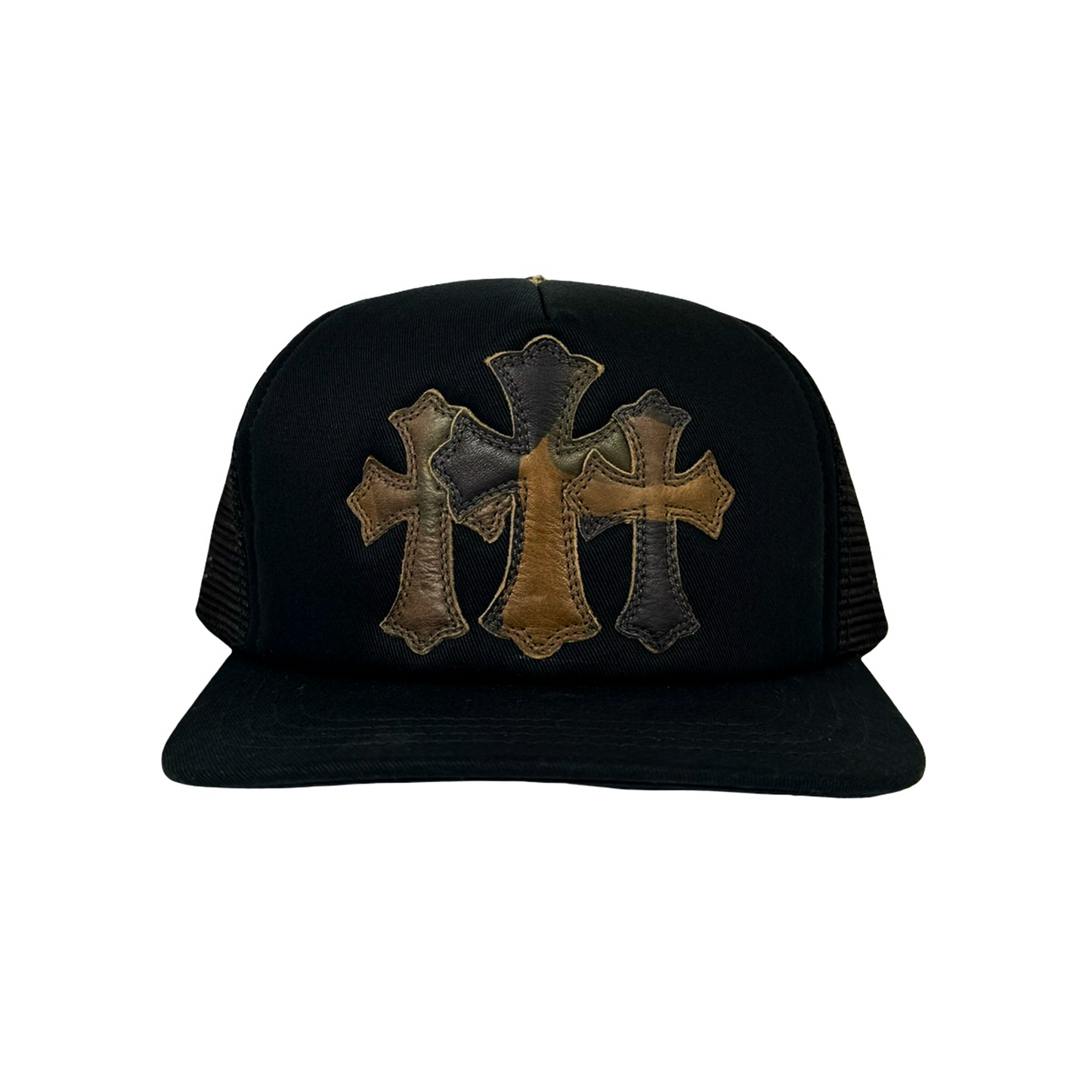 Chrome Hearts Triple Cross Trucker Hat Leather Camo Black/Black