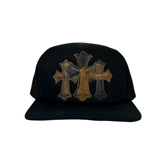 Chrome Hearts Triple Cross Trucker Hat Leather Camo Black/Black