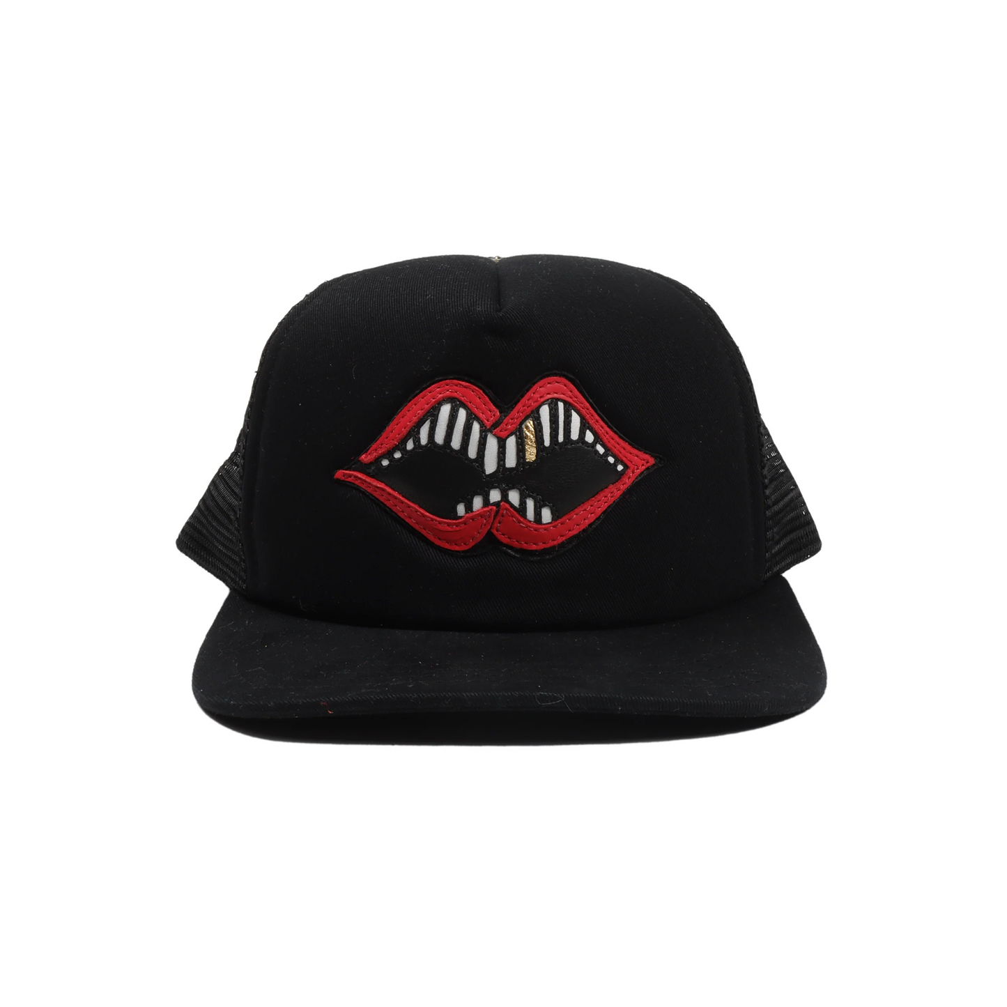 Chrome Hearts Matty Boy Leather Chomper Logo Patch Trucker Hat Black Red [USED]