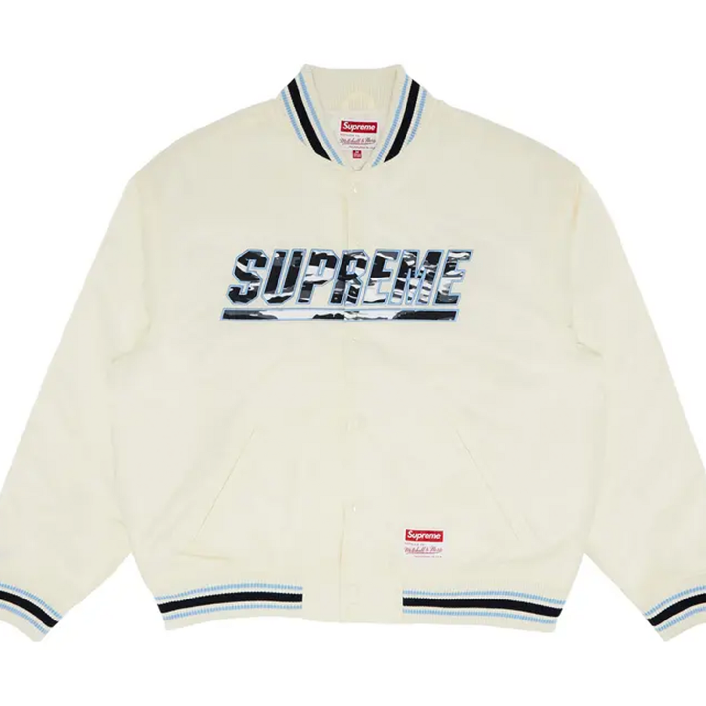 Supreme Mitchell & Ness Camo Logo Varsity Jacket White [USED] - L (Used)