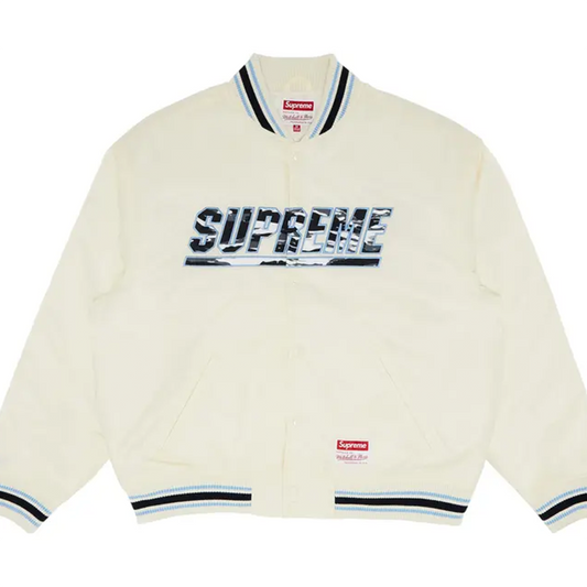 Supreme Mitchell & Ness Camo Logo Varsity Jacket White [USED] - L (Used)