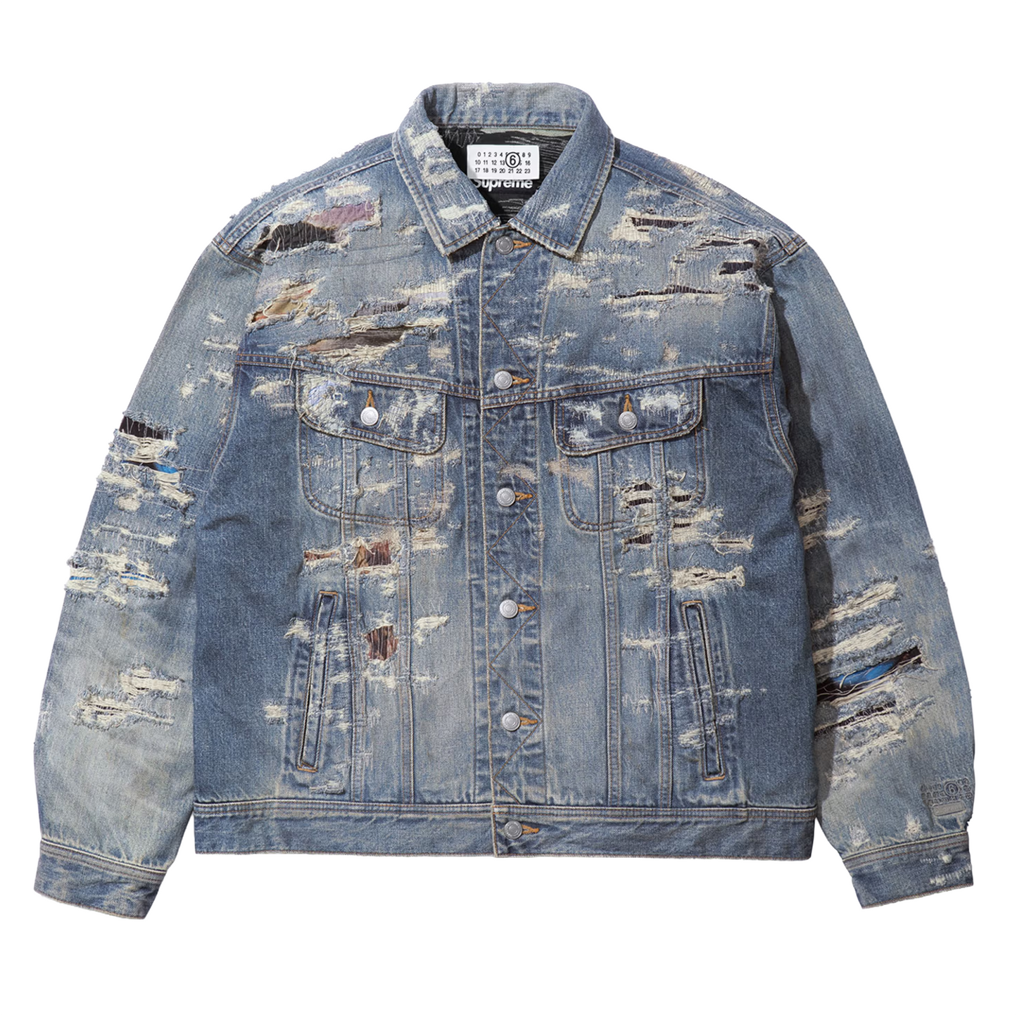 Supreme MM6 Maison Margiela Distressed Selvedge Denim Trucker Jacket Blue