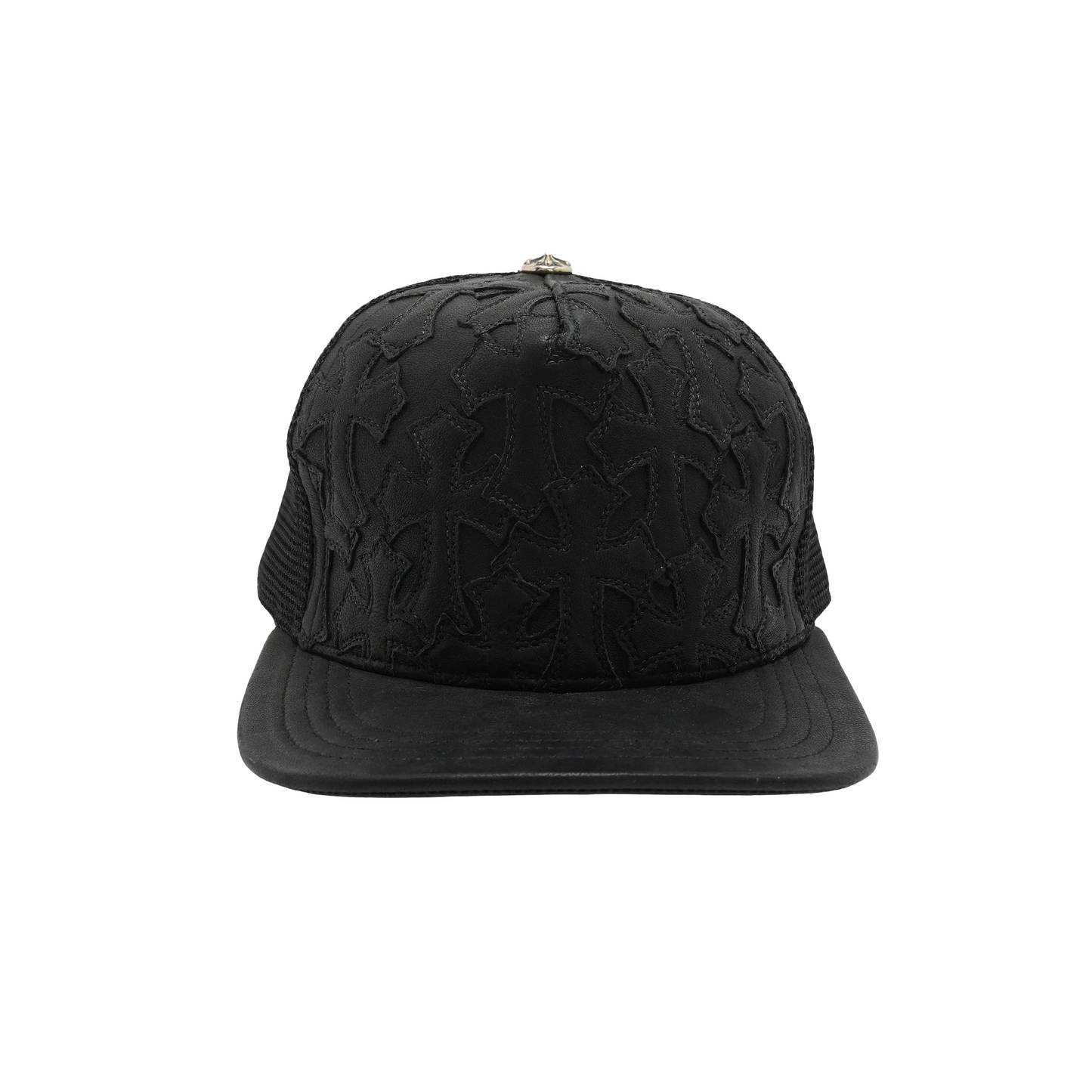 Chrome Hearts Cemetary Cross Leather Stitched Trucker Hat Black