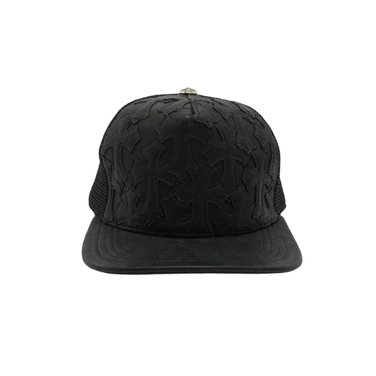 Chrome Hearts Cemetary Cross Leather Stitched Trucker Hat Black