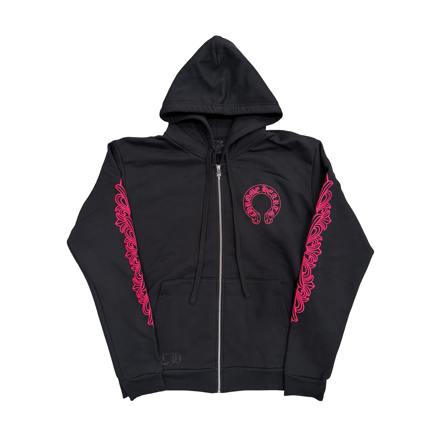 Chrome Hearts Pink Horseshoe Floral Sleeve Zip Up Hoodie Black