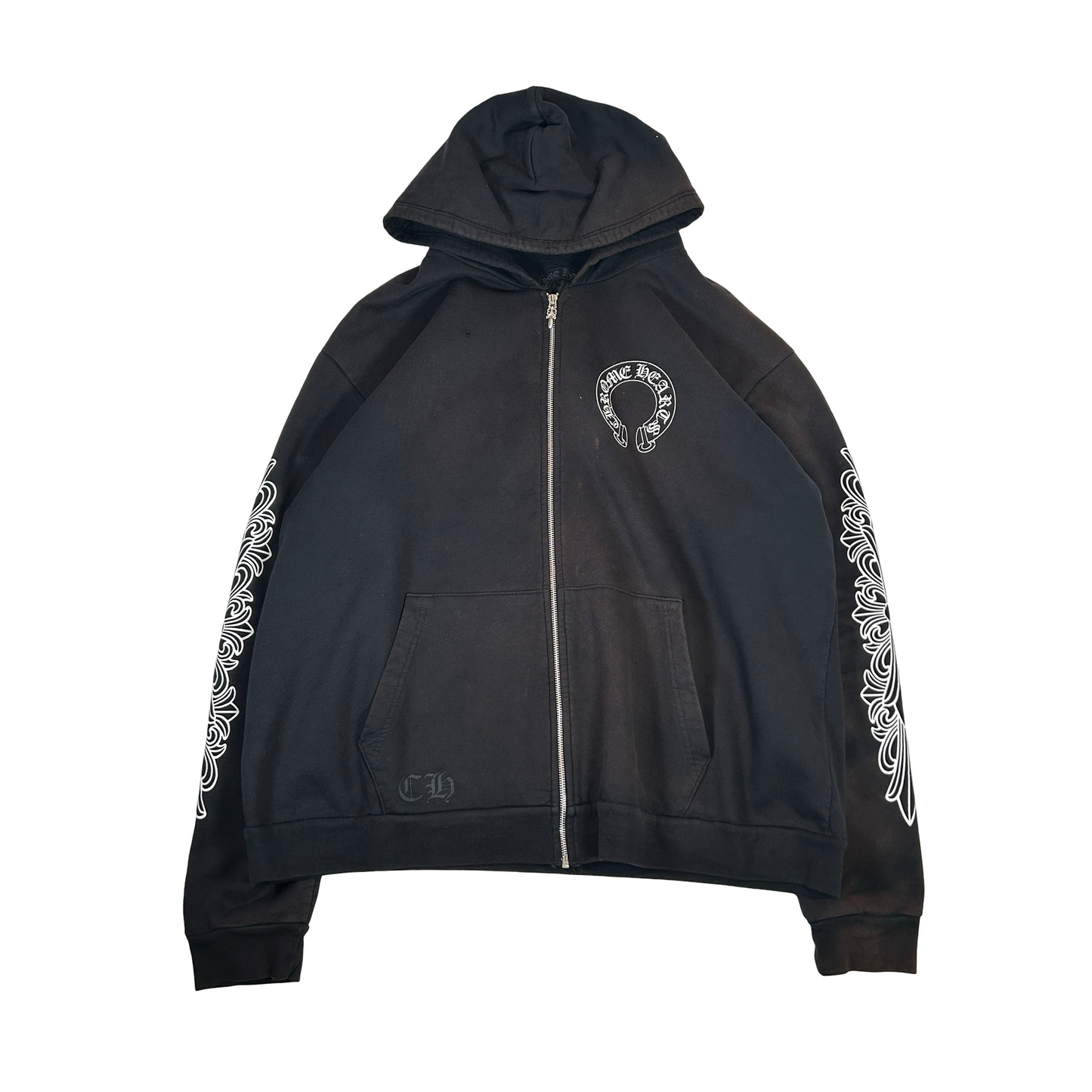 Chrome Hearts Horseshoe Floral Cross Sleeve Zip Up Hoodie Black/White [USED] - XL (Used)