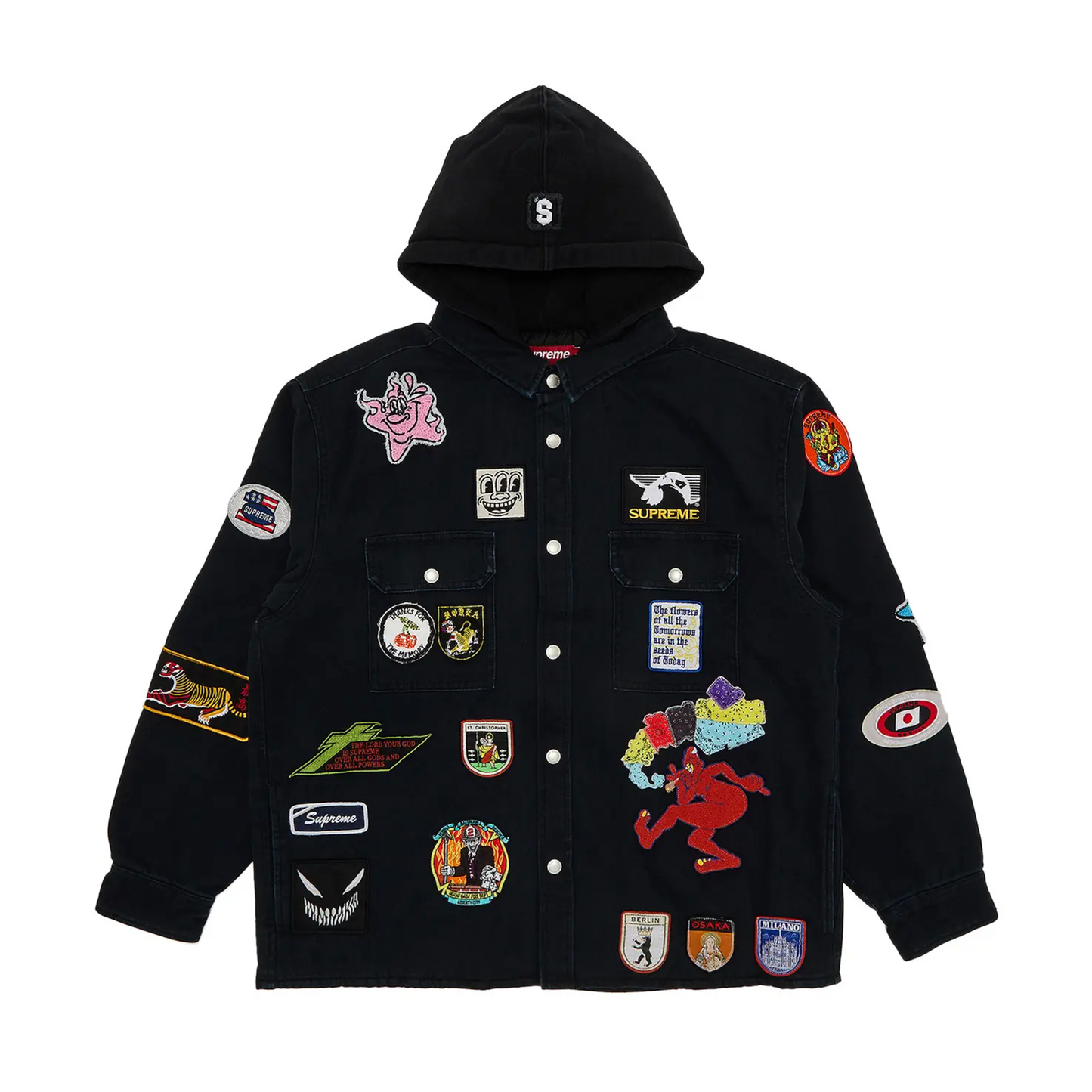 Supreme Patches Hooded Zip Up Shirt Black