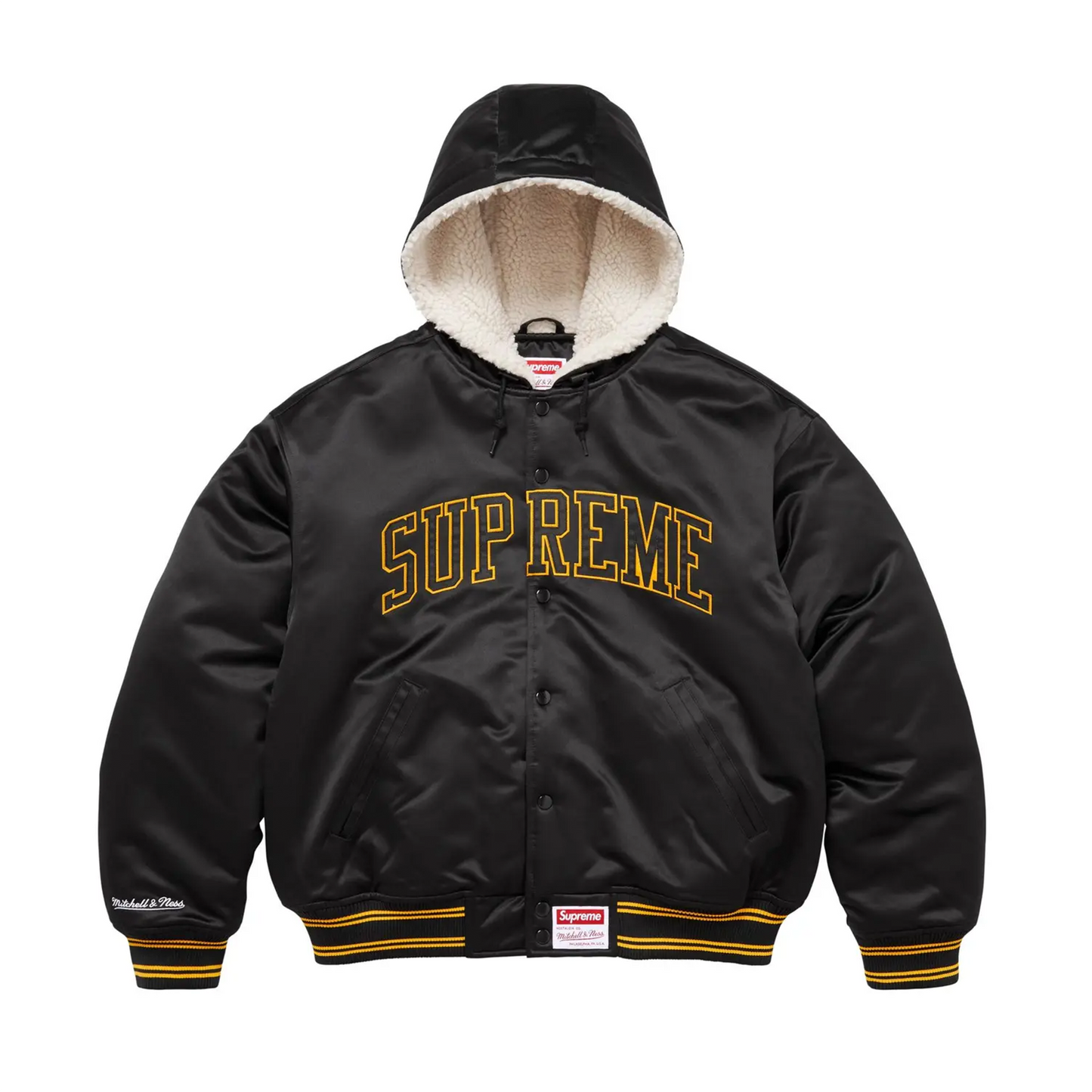 Supreme x Mitchell & Ness Lined Hooded Satin Varsity Jacket Black