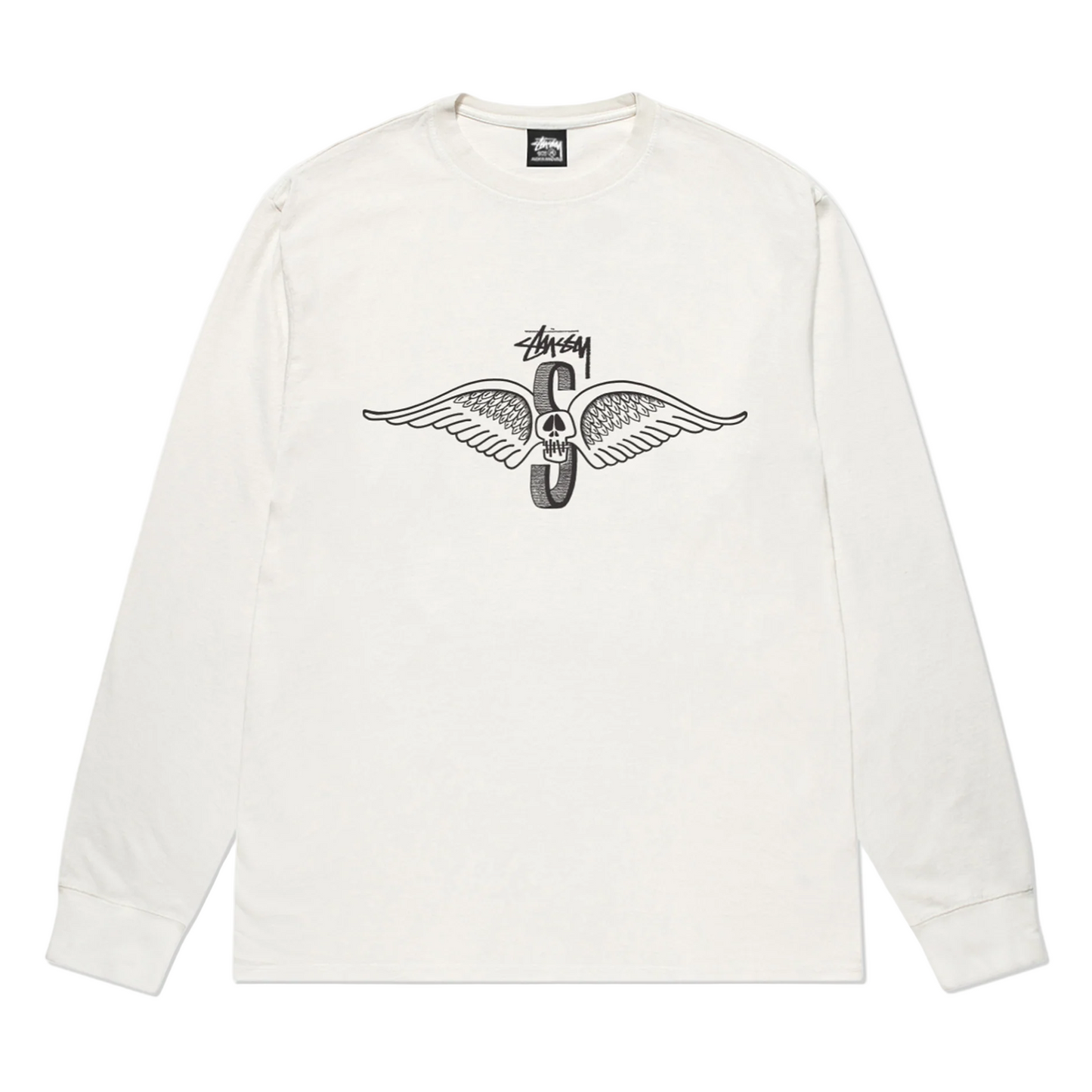 Stüssy Men's Skull Wings Pig. Dyed Long Sleeve T-Shirt Natural