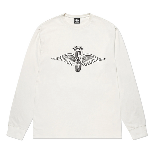 Stüssy Men's Skull Wings Pig. Dyed Long Sleeve T-Shirt Natural