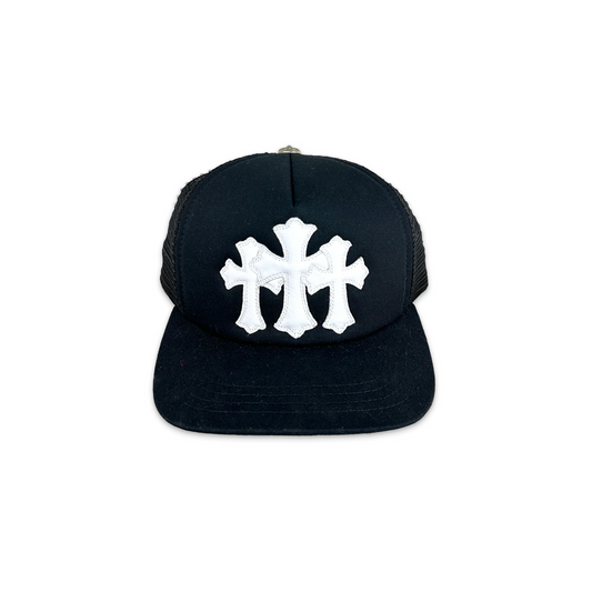 Chrome Hearts White Leather Triple Cemetery Cross CH Trucker Hat Black