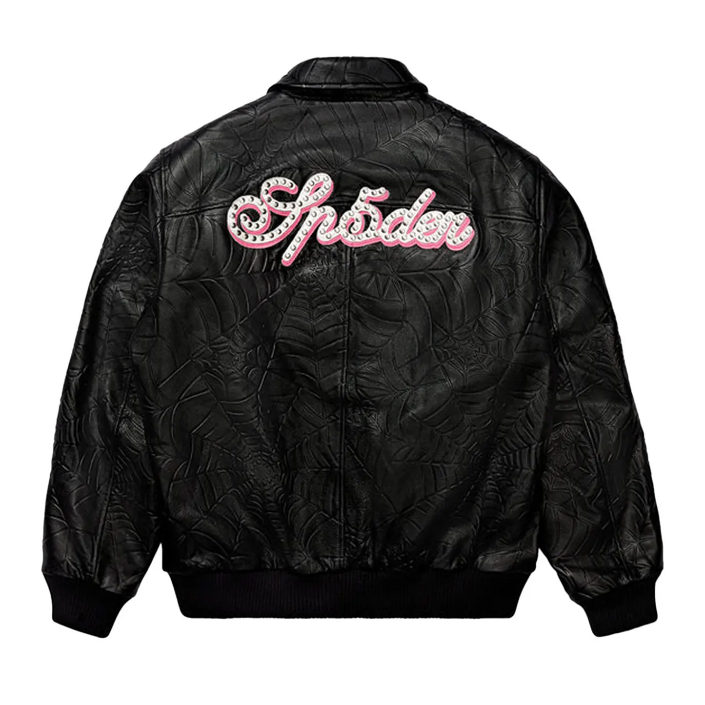 Sp5der Debossed Web Leather Jacket Black