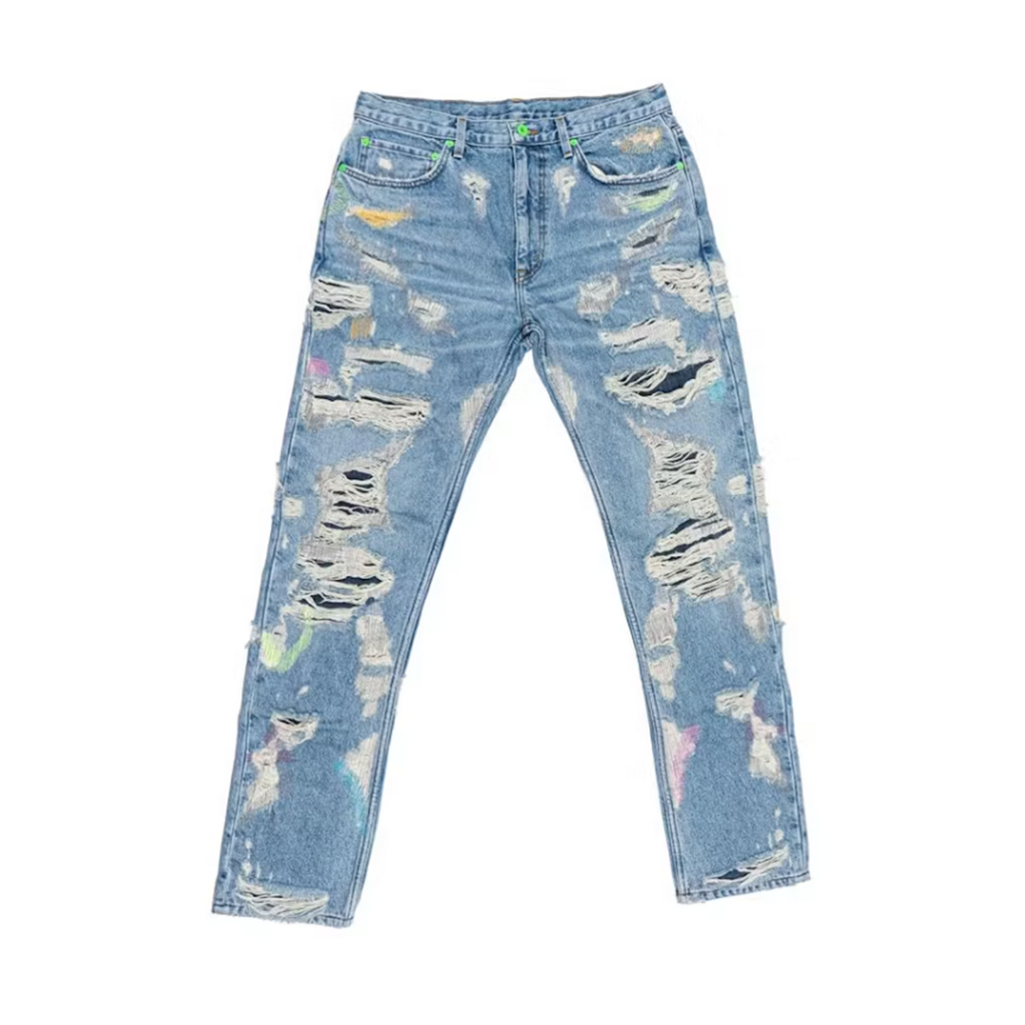Vlone x Endless Embroidered and Distressed Denim Jeans Neon Green [USED] - 32 (Used)