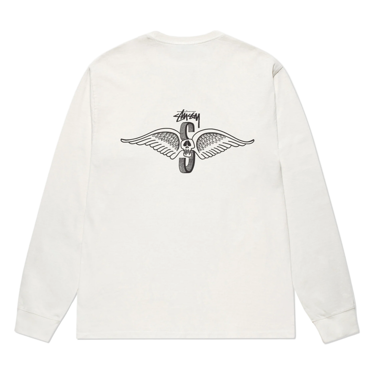 Stüssy Men's Skull Wings Pig. Dyed Long Sleeve T-Shirt Natural
