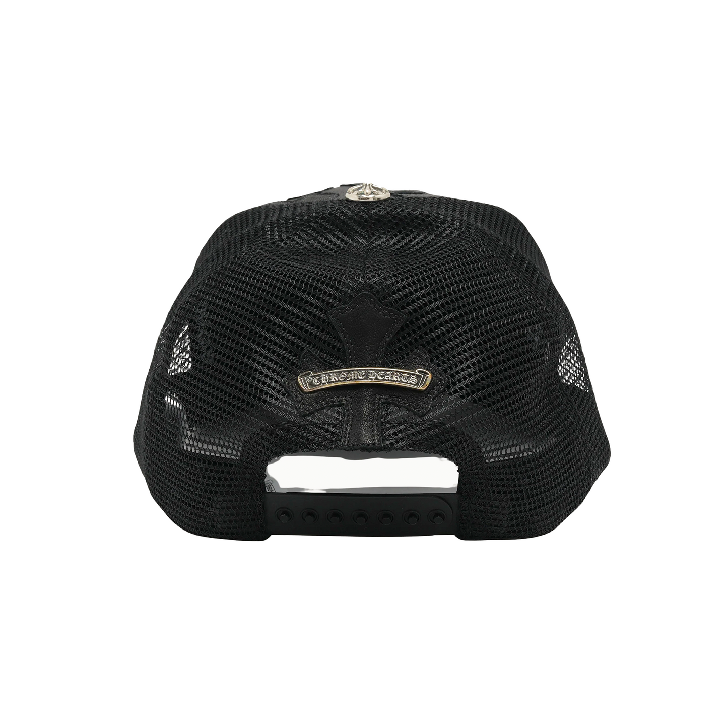 Chrome Hearts Cemetary Cross Leather Stitched Trucker Hat Black