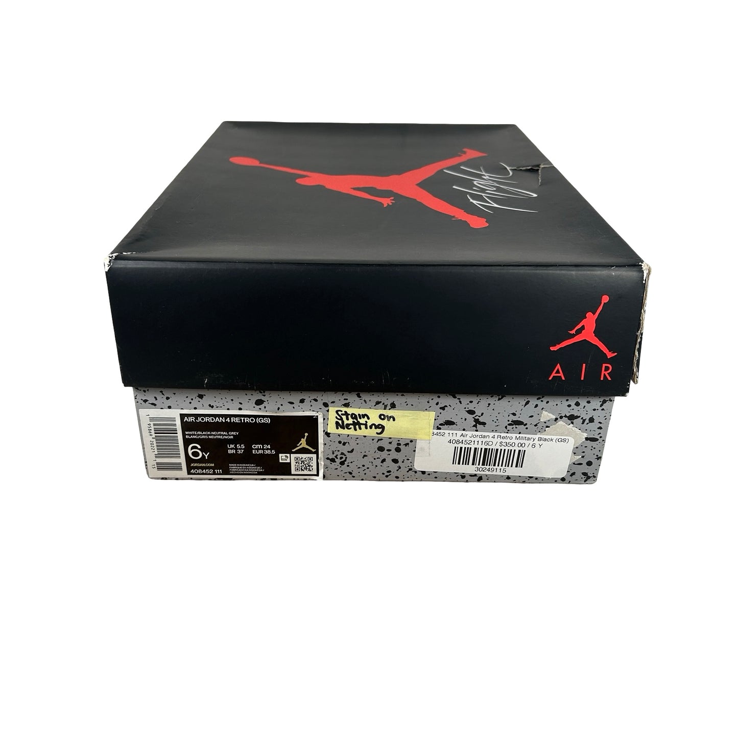 408452 111 Jordan 4 Retro Military Black (GS) - 6 Y (Stain On Netting)