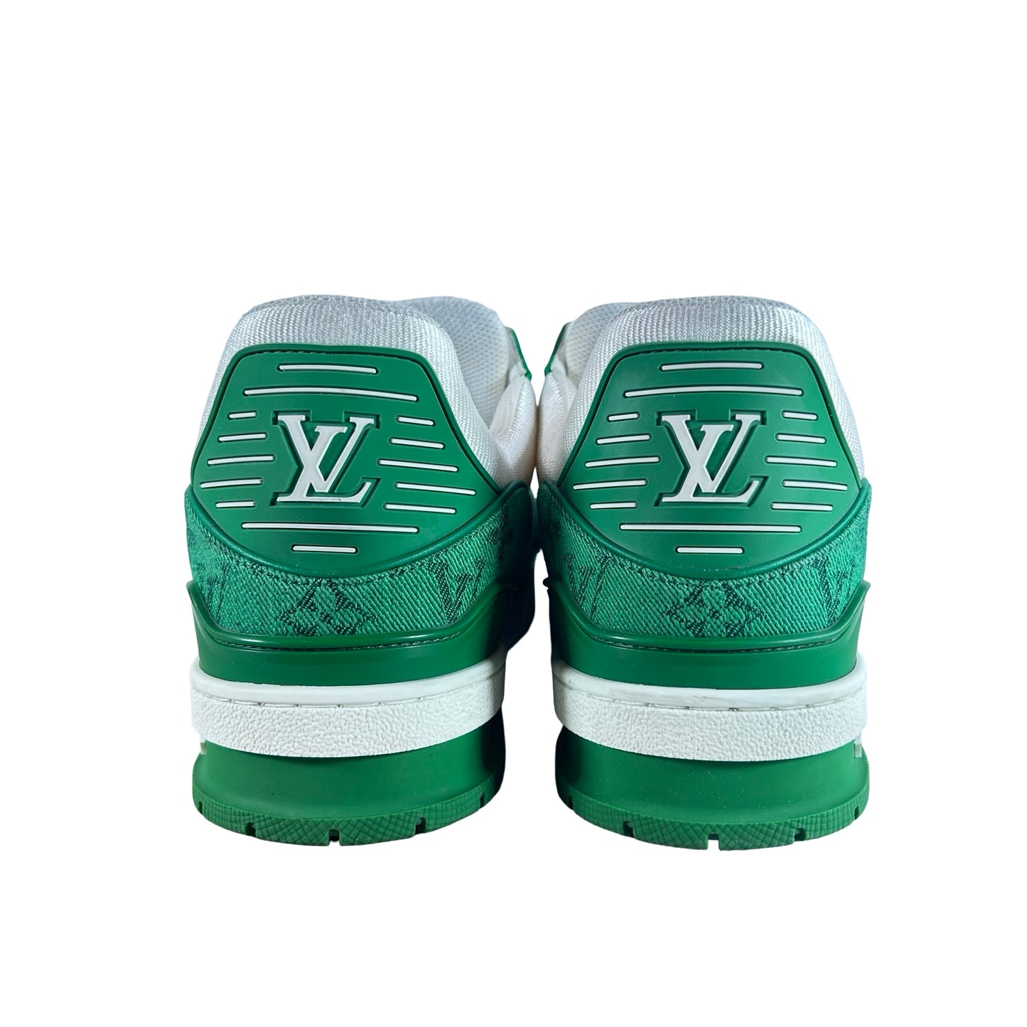 1A9JHV Louis Vuitton Trainer Green Monogram Denim White [USED] - 9 LV (10-10.5 US) (Used)