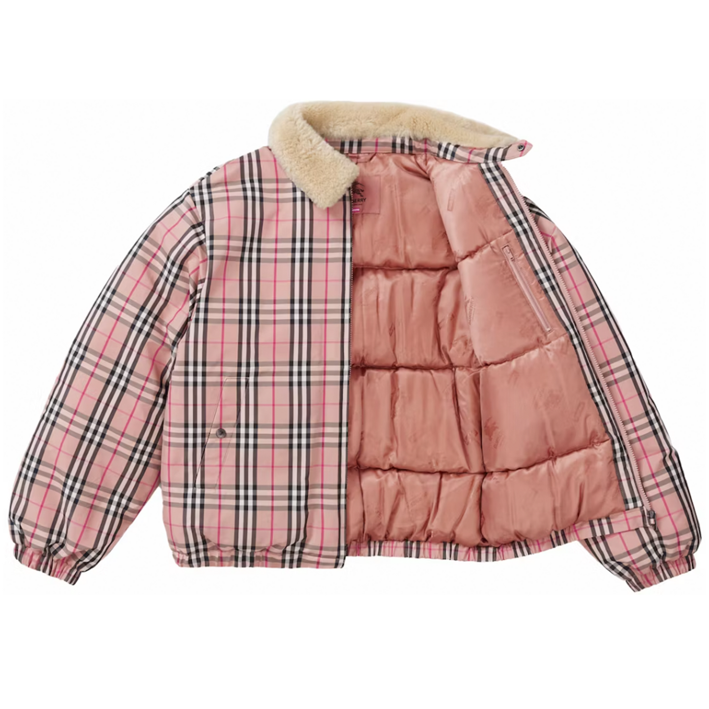 Supreme Burberry Shearling Collar Down Puffer Jacket Pink