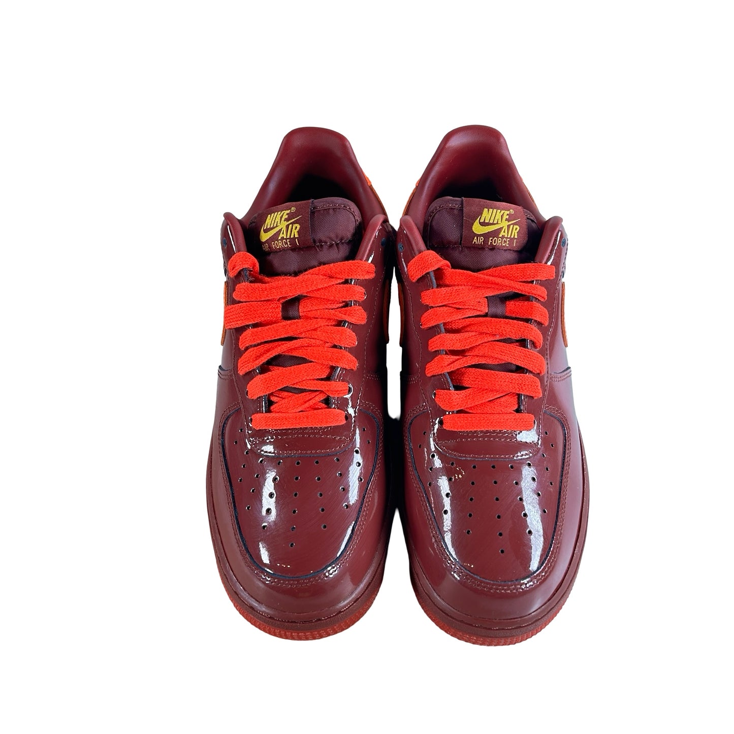 IO4489 601 Nike Air Force 1 Low Patent Leather Dark Team Red Safety Orange [USED] - 9.5 M (Used)