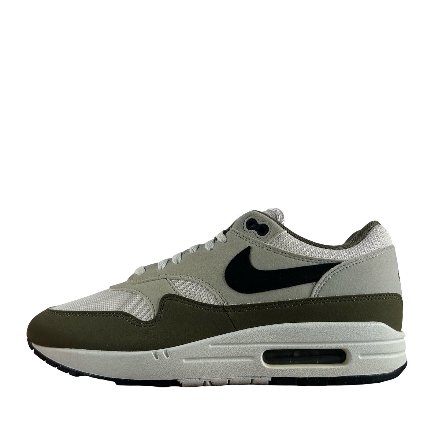 FD9082 102 Nike Air Max 1 White Black Medium Olive [USED] - 10 M (Used)