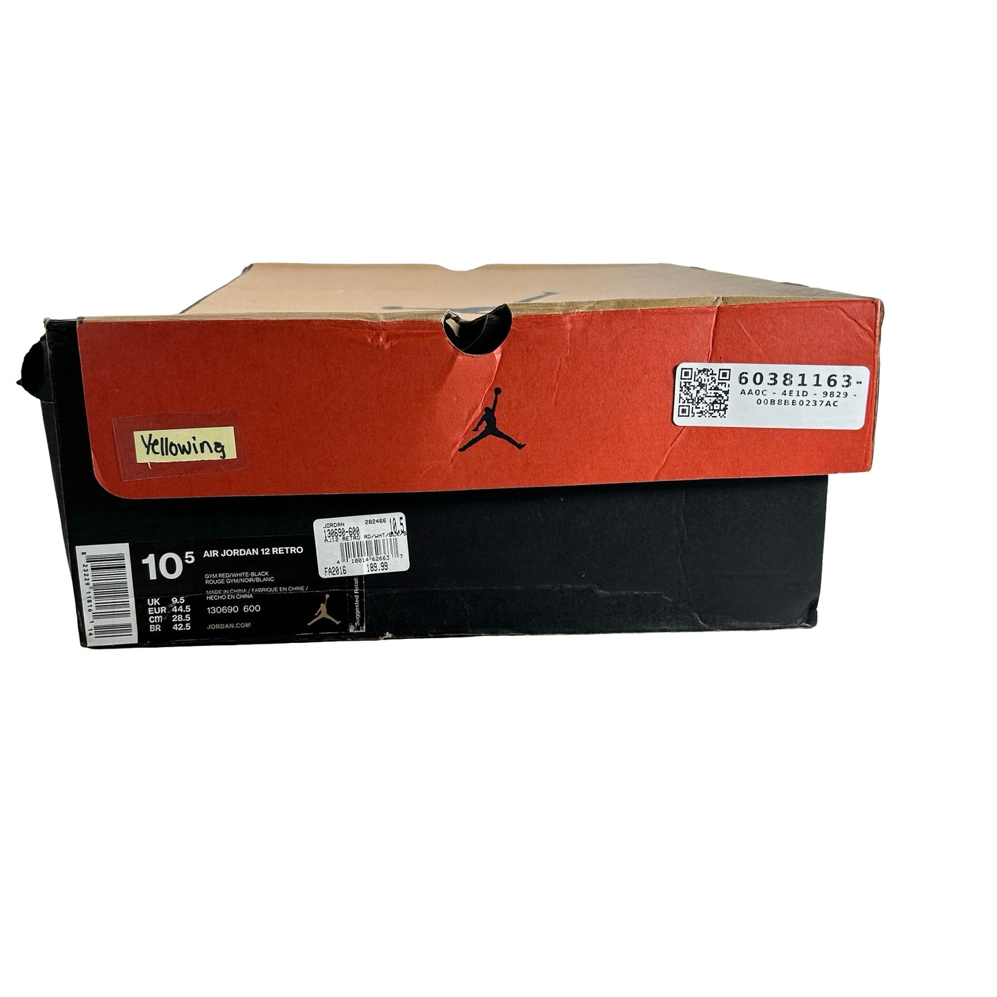 130690 600 Jordan 12 Retro Gym Red - 10.5 M (Yellowing)