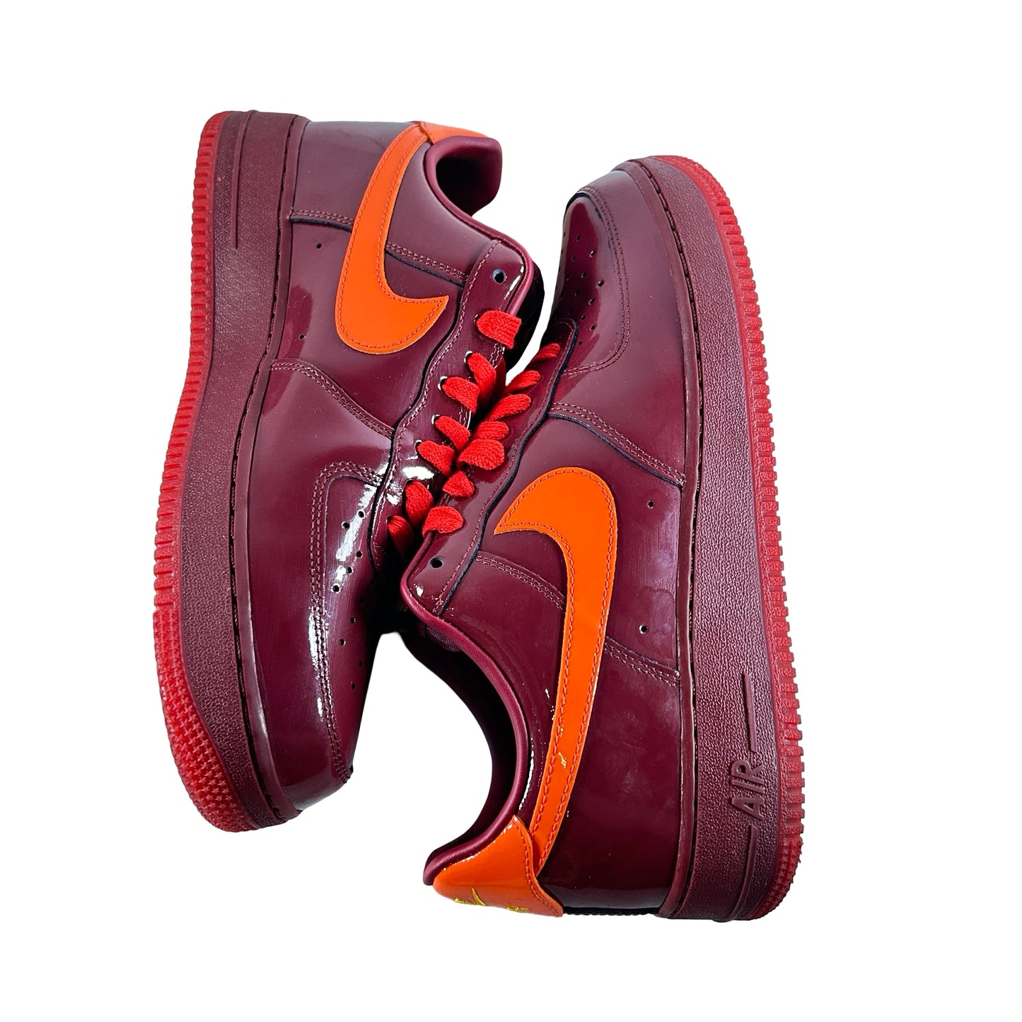 IO4489 601 Nike Air Force 1 Low Patent Leather Dark Team Red Safety Orange [USED] - 9.5 M (Used)