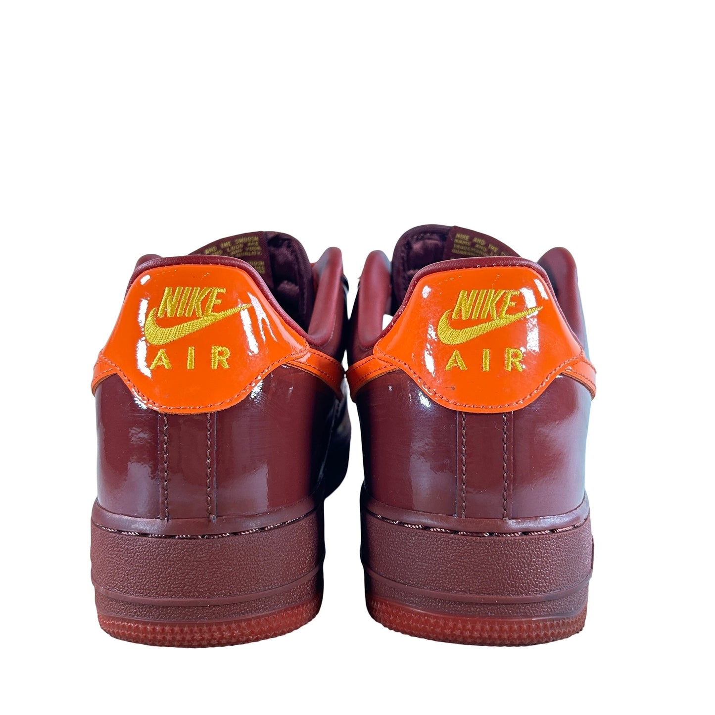 IO4489 601 Nike Air Force 1 Low Patent Leather Dark Team Red Safety Orange [USED] - 9.5 M (Used)