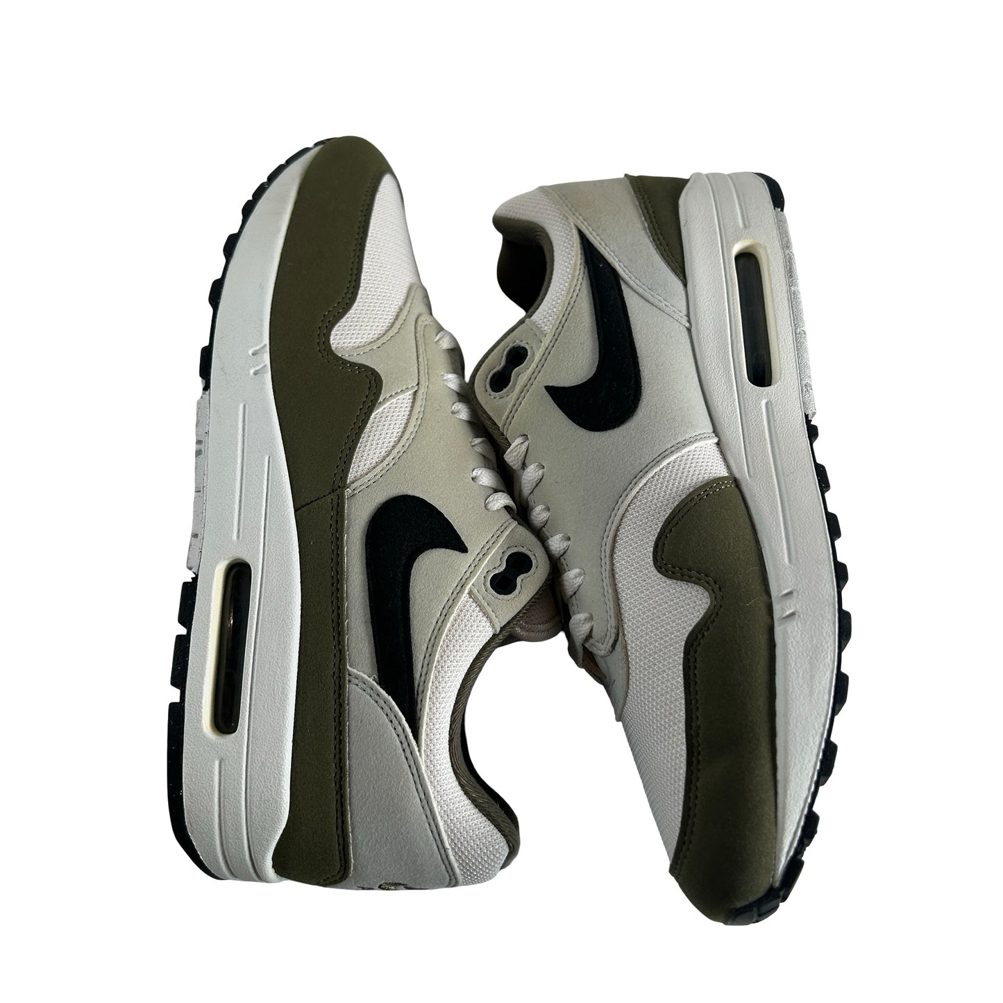 FD9082 102 Nike Air Max 1 White Black Medium Olive [USED] - 10 M (Used)