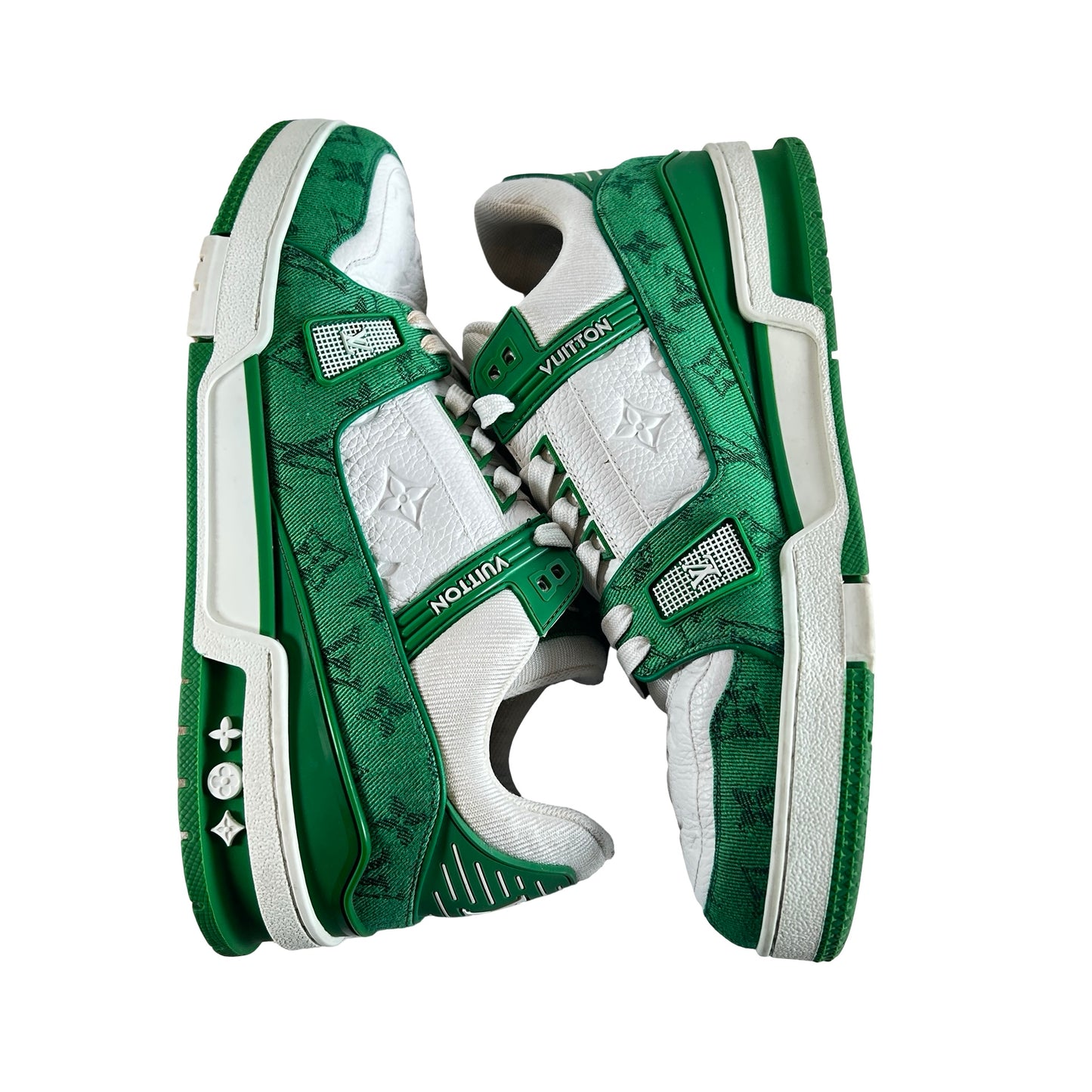 1A9JHV Louis Vuitton Trainer Green Monogram Denim White [USED] - 9 LV (10-10.5 US) (Used)