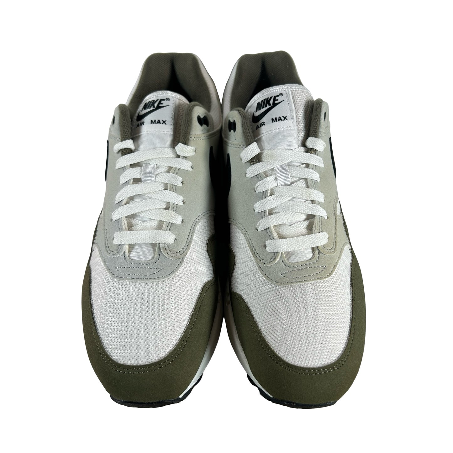 FD9082 102 Nike Air Max 1 White Black Medium Olive [USED] - 10 M (Used)