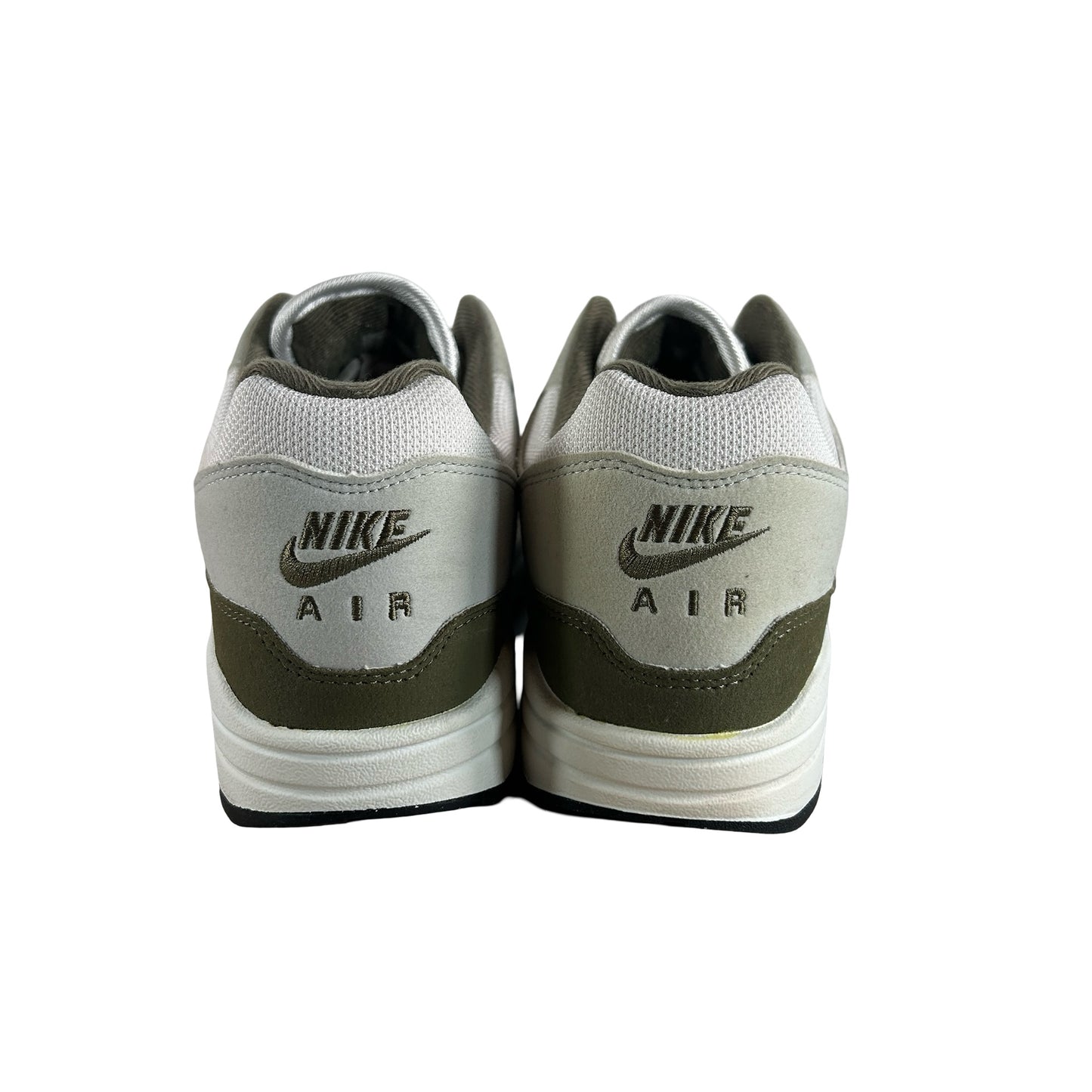 FD9082 102 Nike Air Max 1 White Black Medium Olive [USED] - 10 M (Used)
