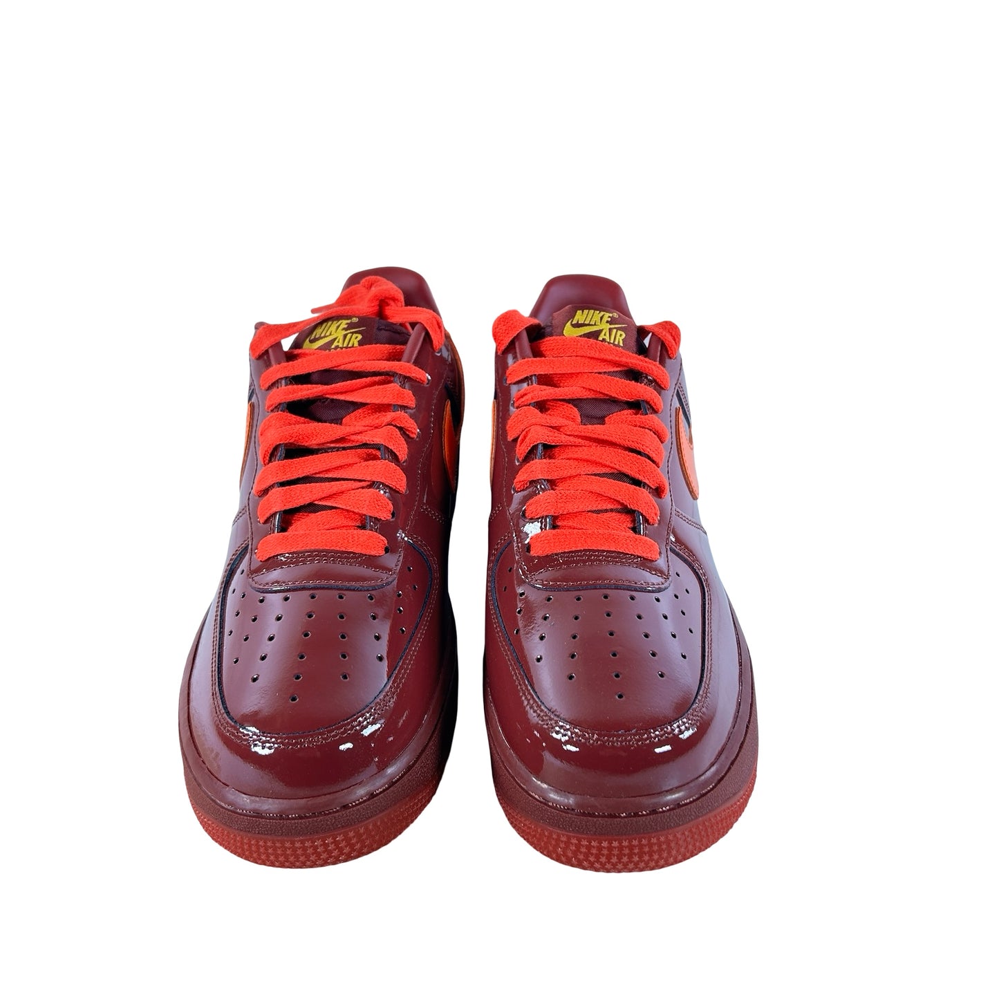 IO4489 601 Nike Air Force 1 Low Patent Leather Dark Team Red Safety Orange - 9.5 M (Small Scuff On Inner Right Heel)