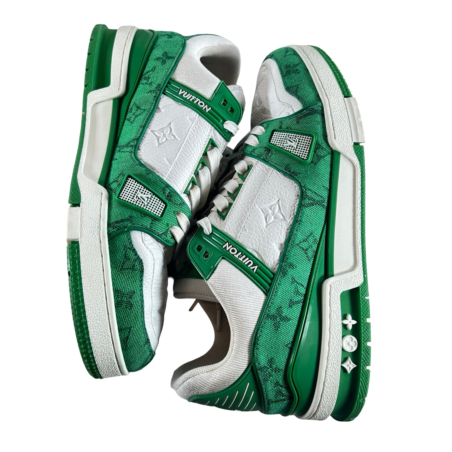1A9JHV Louis Vuitton Trainer Green Monogram Denim White [USED] - 9 LV (10-10.5 US) (Used)