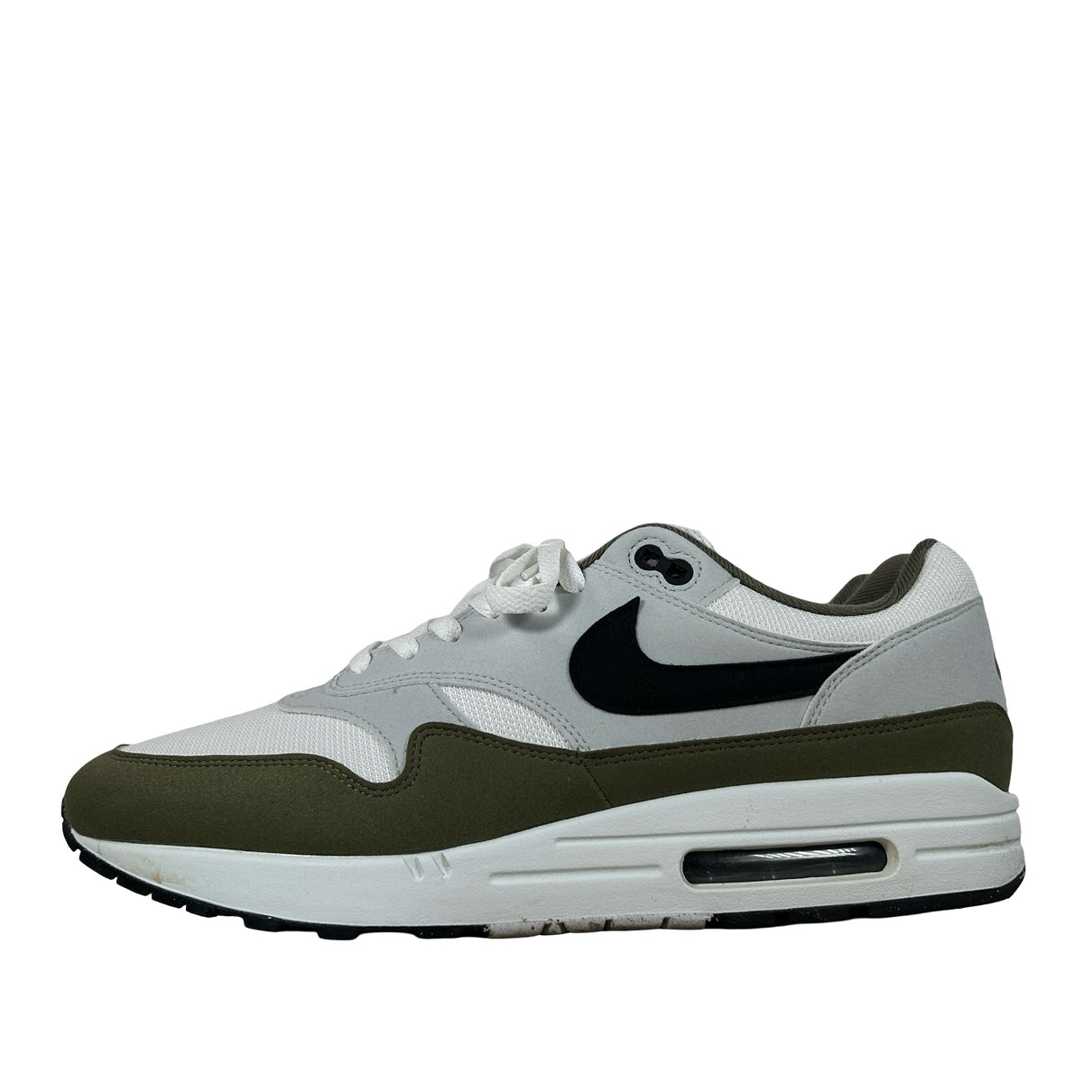 FD9082 102 Nike Air Max 1 White Black Medium Olive [USED] - 13 M (Used2)